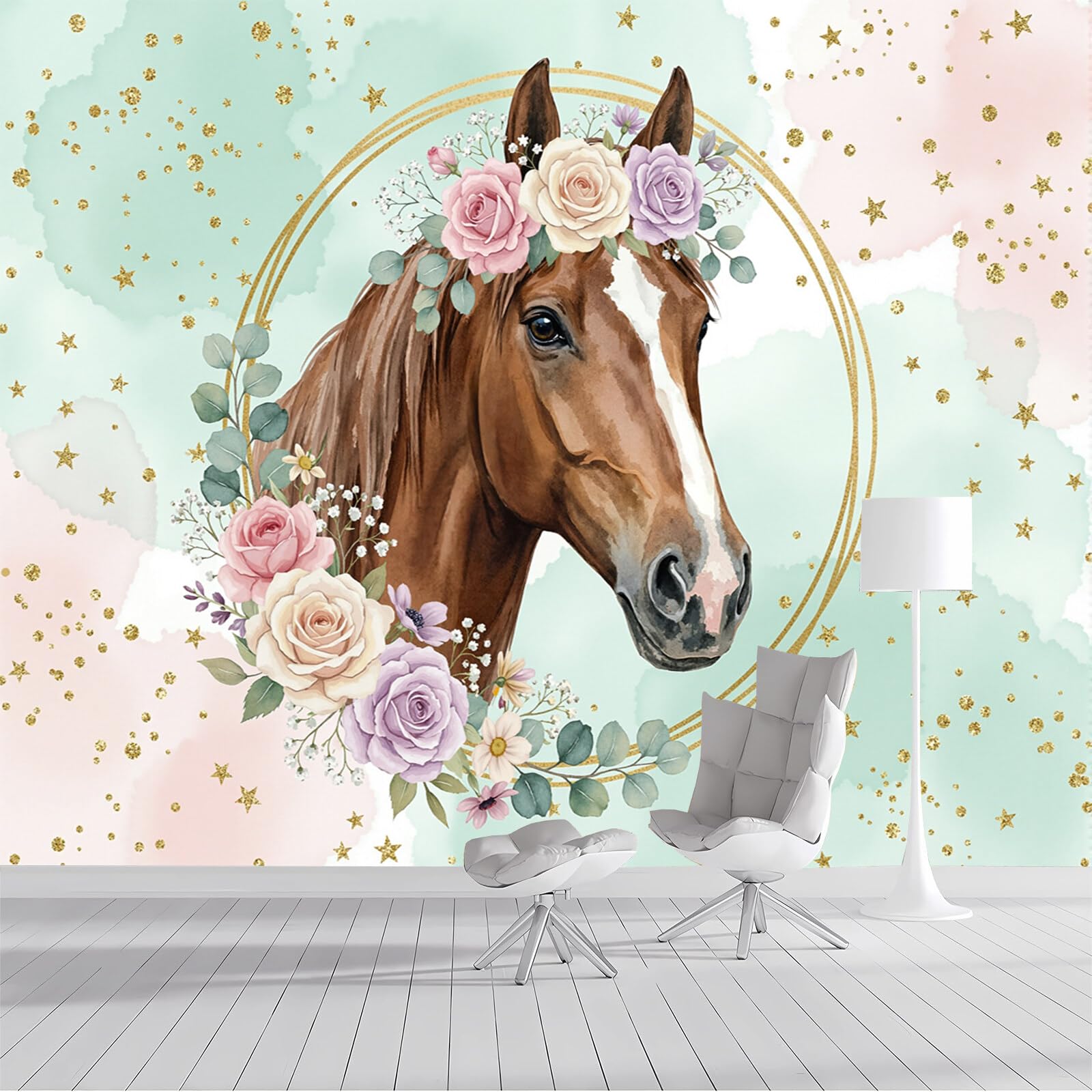 Papel pintado de seda caballo de flores mural de pared 200x140 cm rosa para salón