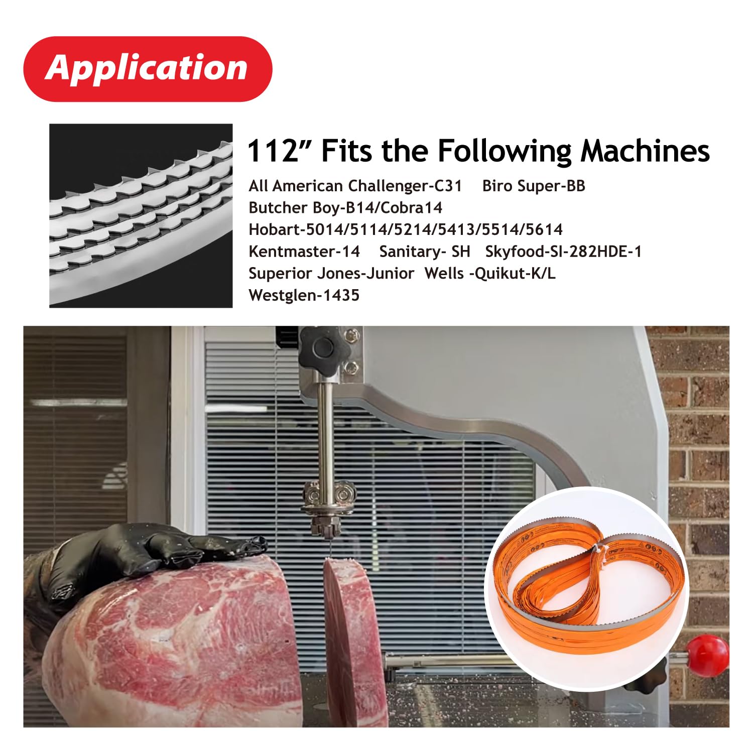 112-Inch Meat Band Saw Blades 4TPI (5 Pack) for Cutting Fresh Meat Beef Fish, Compatible with Biro Super-BB, Butcher Boy-B14/Cobra14, Hobart-5014/5114, Kentmaster-14, 112" x 5/8" x 0.02"