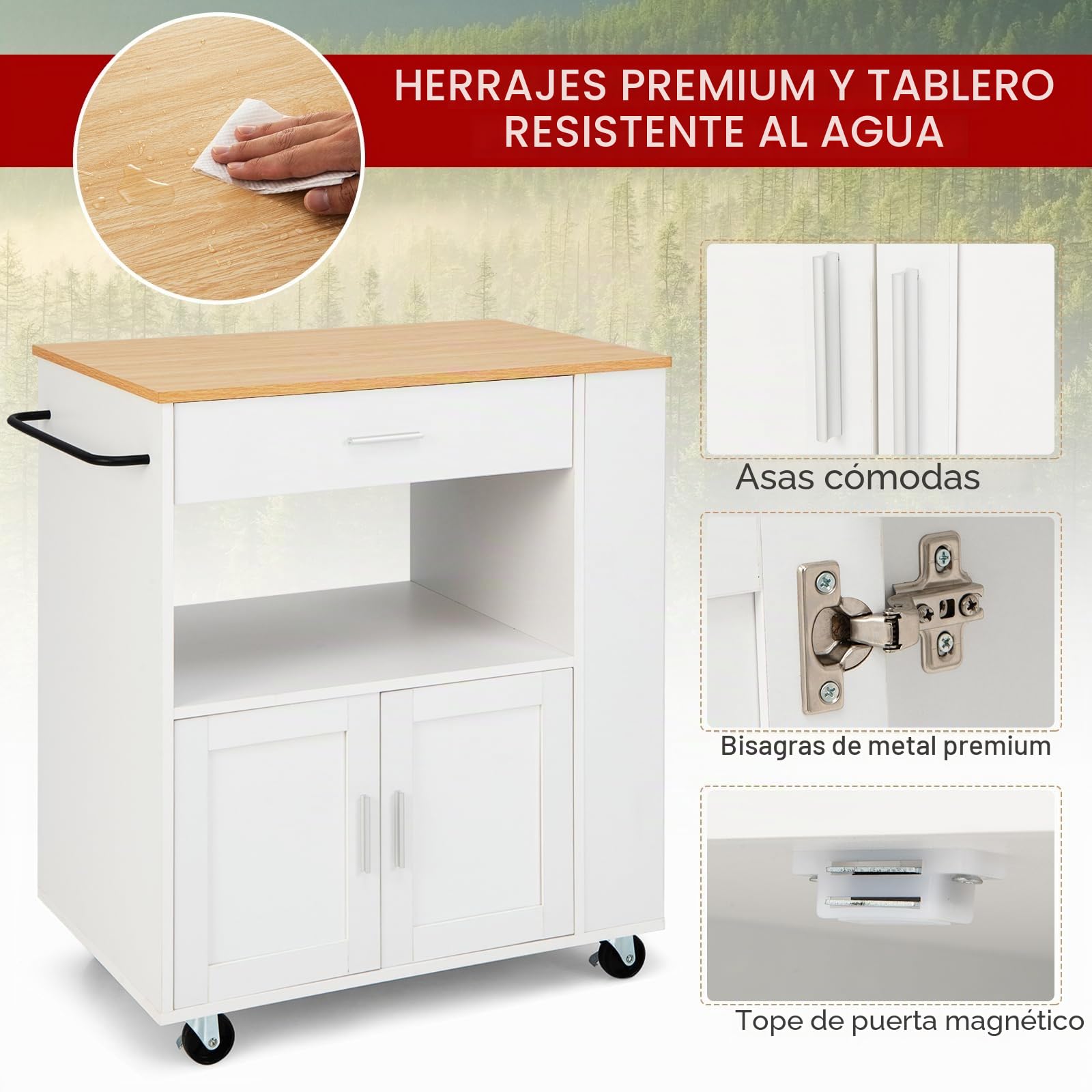 KOMFOTTEU Carro de Cocina con Ruedas, Carrito de Servicio con 3 Estantes Laterales, Armario de Puertas y Cajón, Isla de Almacenamiento con Toallero, Buffet de Comedor, 82 x 46 x 92 cm (Blanco)