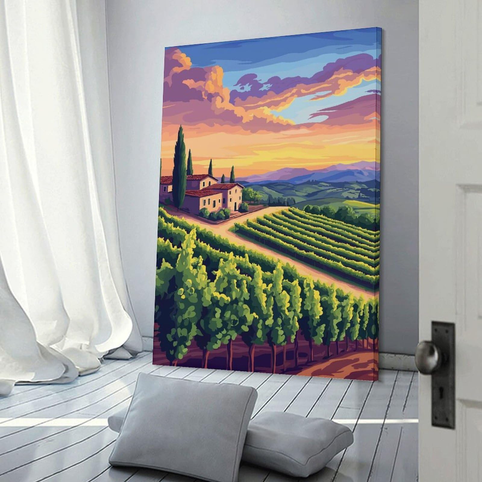 Junmoney Decorative Canvas Print Tuscan Vineyard Landscape at Sunset, 20x30inch(50x75cm), for Entrance Spaces, Stair Walls Or Halls, A Neat Decor Update for Hallways