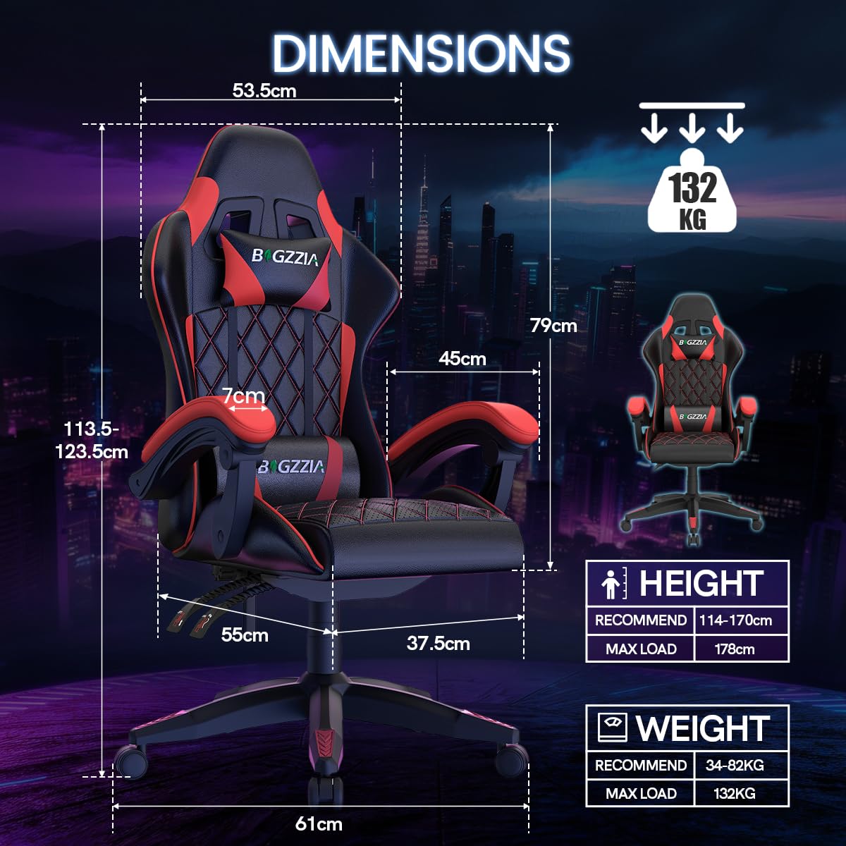 bigzzia Sedie Gaming, Sedie Gaming Ergonomiche con Cuscino Ventilato, Regolazione Angolo 90°-135°, Sedia da Gaming Schienale Alto con Supporto Testa, Ideale per Gaming, Studio e Ufficio (Rosso)
