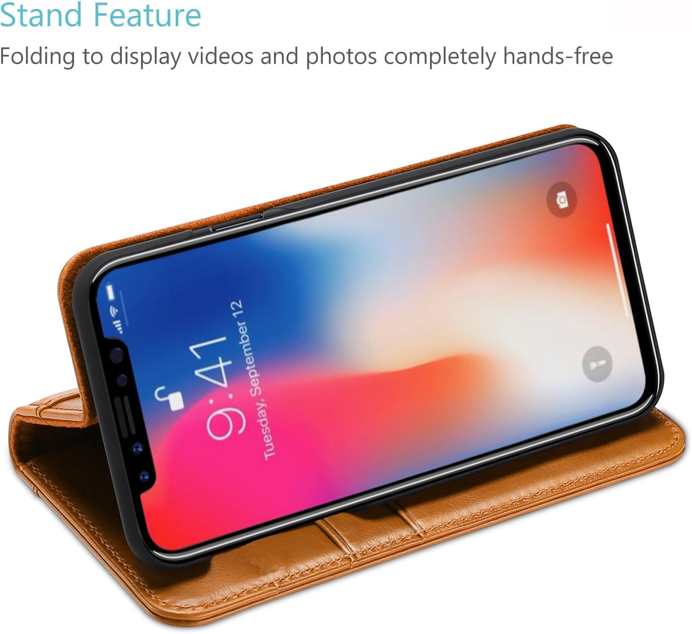 iPhone Xs/iPhone X Genuine Leather Case, ProCase Wallet Case Flip Cover with Kickstand Card Slots Magnetic Closure with Auto Sleep/Wake Function for Apple iPhone Xs (2018) / iPhone X (2017) -Brown