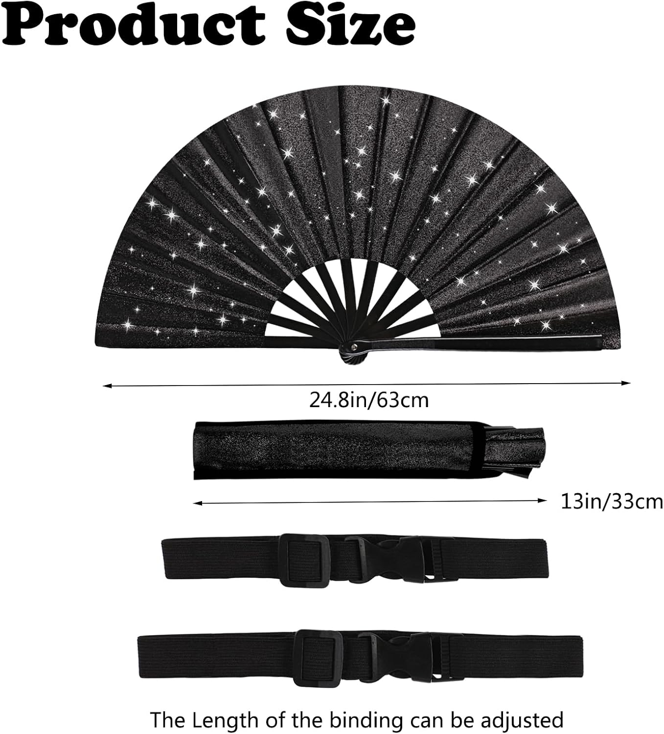 Large Rave Hand Fan with Holster, Glitter Large Folding Fan Women Handheld Fan with Bag for Festival Party, Music Festival, Club, Dance, Performance(Black)