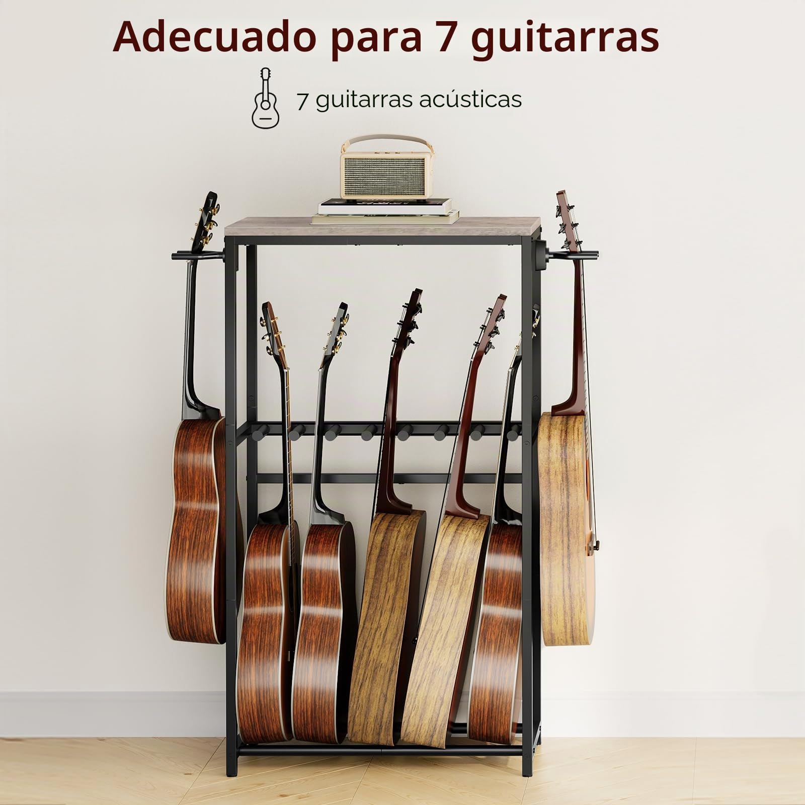 MAHANCRIS Soporte de Guitarra, Estantería para 7 Guitarras de Dos Niveles, para Guitarra Acústica, Guitarra Eléctrica, Bajo, Ukelele, Banjo, Revestimiento Protector de EVA, Gris AGSHG6701
