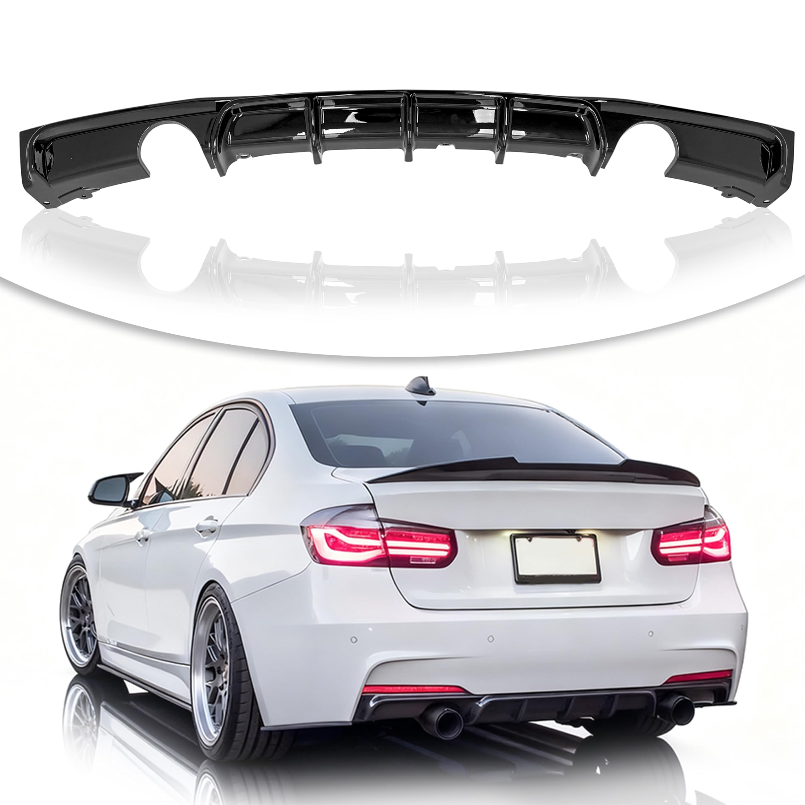 Photo 1 of KETAI Rear Diffuser Compatible with 2012-2018 BMW 3 Series F30 F35 328i M-Performance Style Rear Bumper Lower Lip Diffuser Double Exhausts One Outlet (Gloss Black)