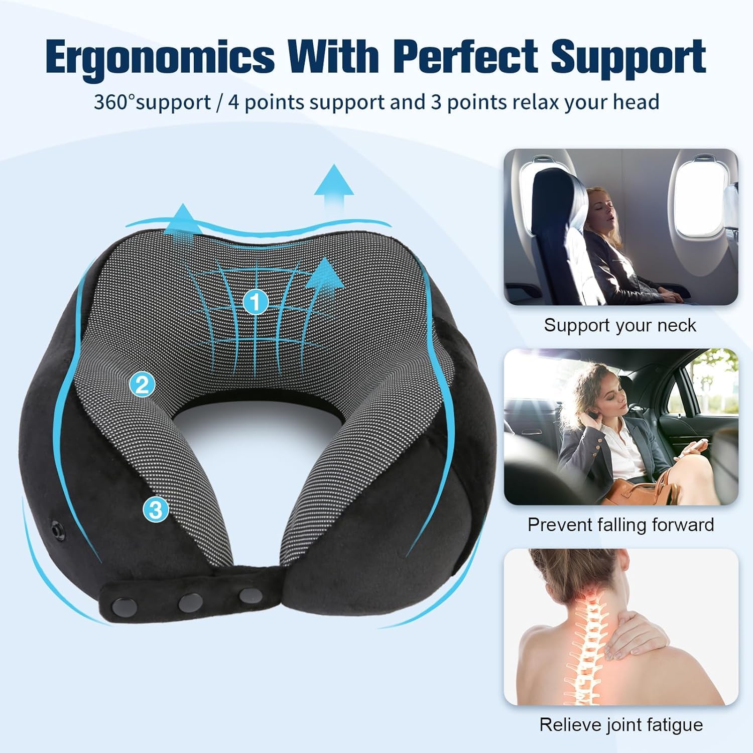 Almohada de viaje para adultos, almohada de cuello de espuma viscoelástica ajustable para aviones y vuelos de larga distancia, soporte ergonómico portátil con bolsa, máscara de ojos y tapones para los