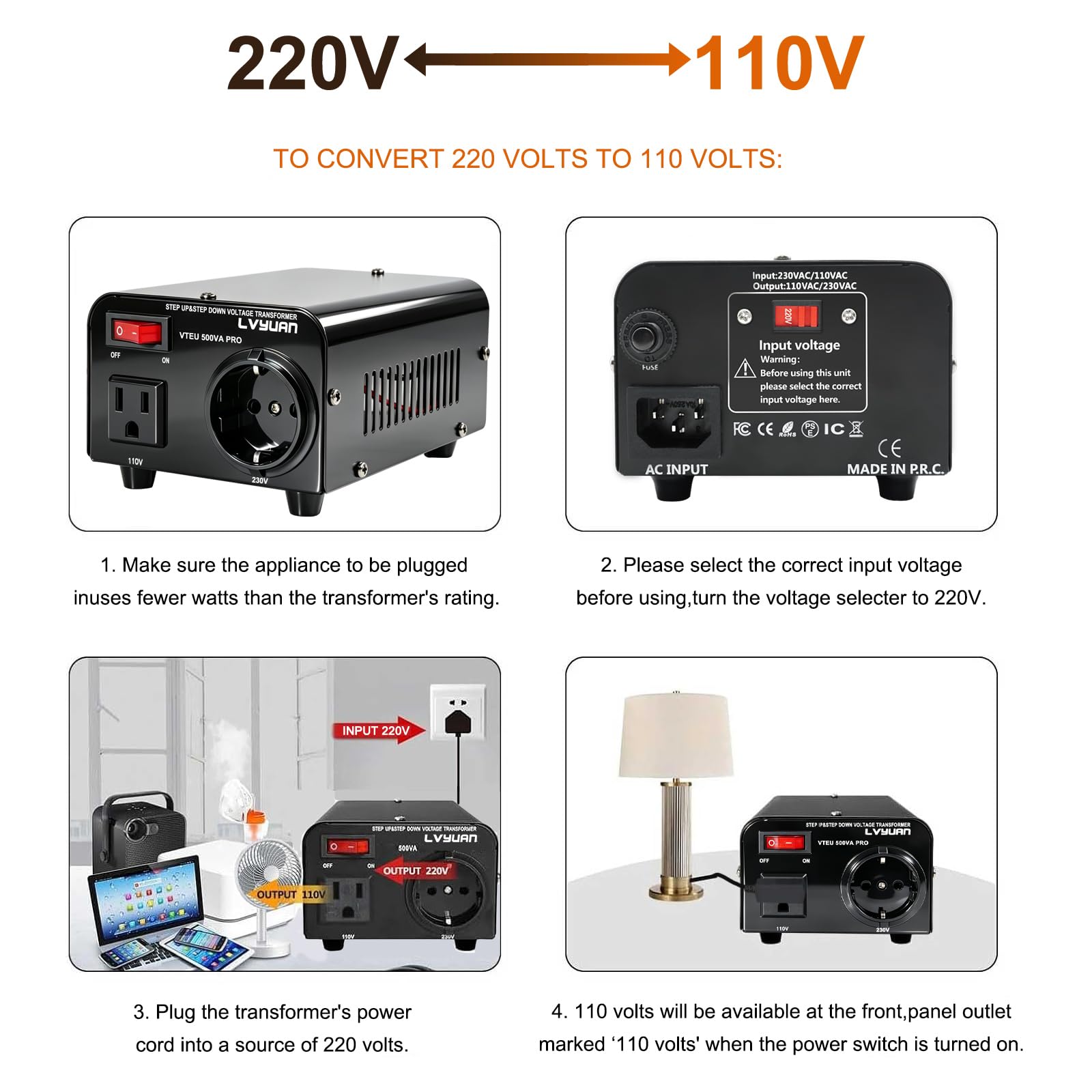 Cantonape Convertidor de Voltaje - Salida 110/220 Voltios CA - Transformador de Núcleo Toroidal EEUU de 500 Vatios - 110V 220V 500W Estabilizador de Voltaje automático