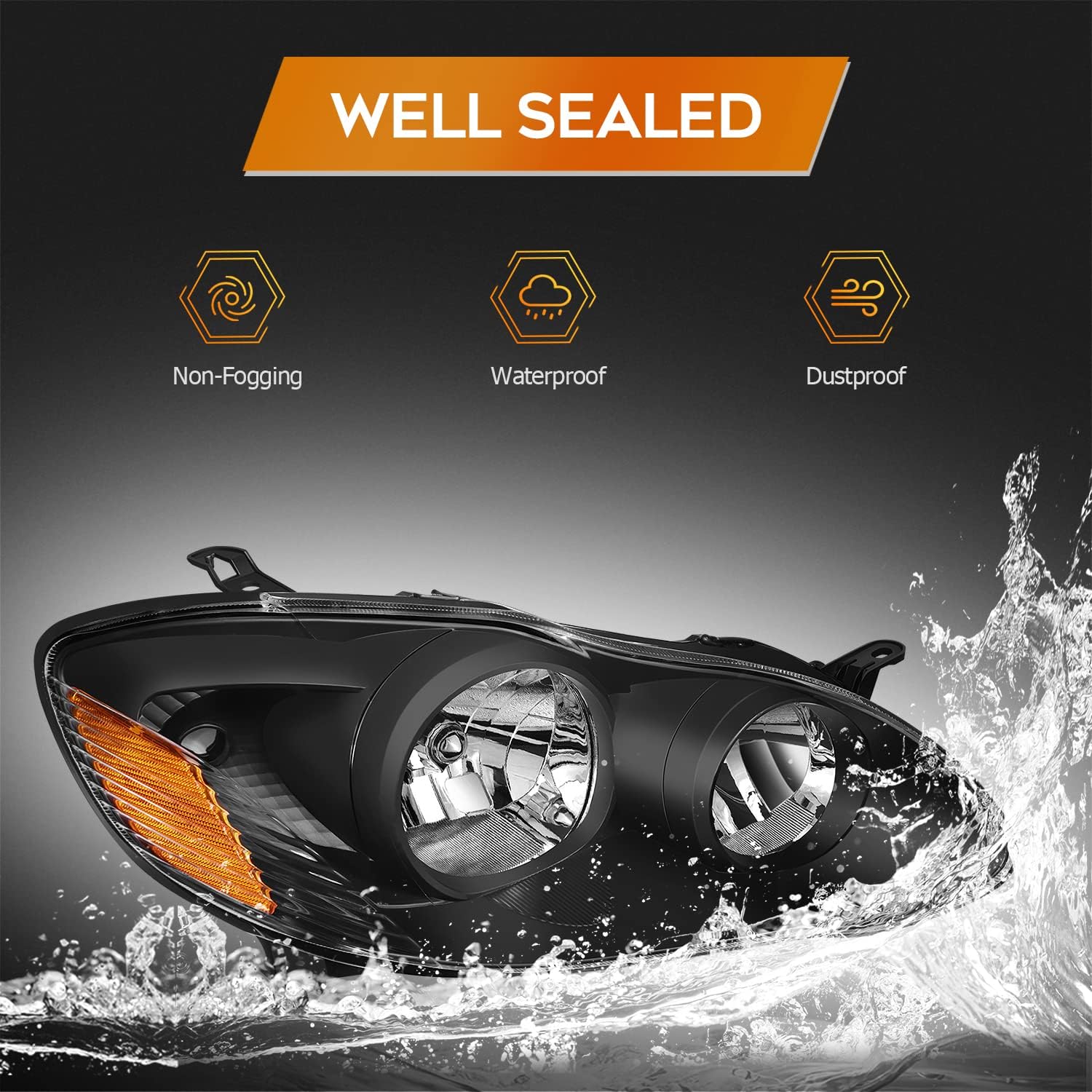 Headlight Assembly for Toyota for Corolla 2003-2008 Black Housing Amber Reflector Clear Lens Driver and Passenger Side Headlamp