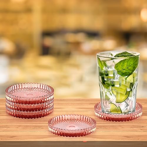 Miniatura 4 de JUXYES Paquete de 5 posavasos redondos de cristal en tono ámbar, posavasos de vidrio para bebidas, café, té, vino, posavasos decorativos para