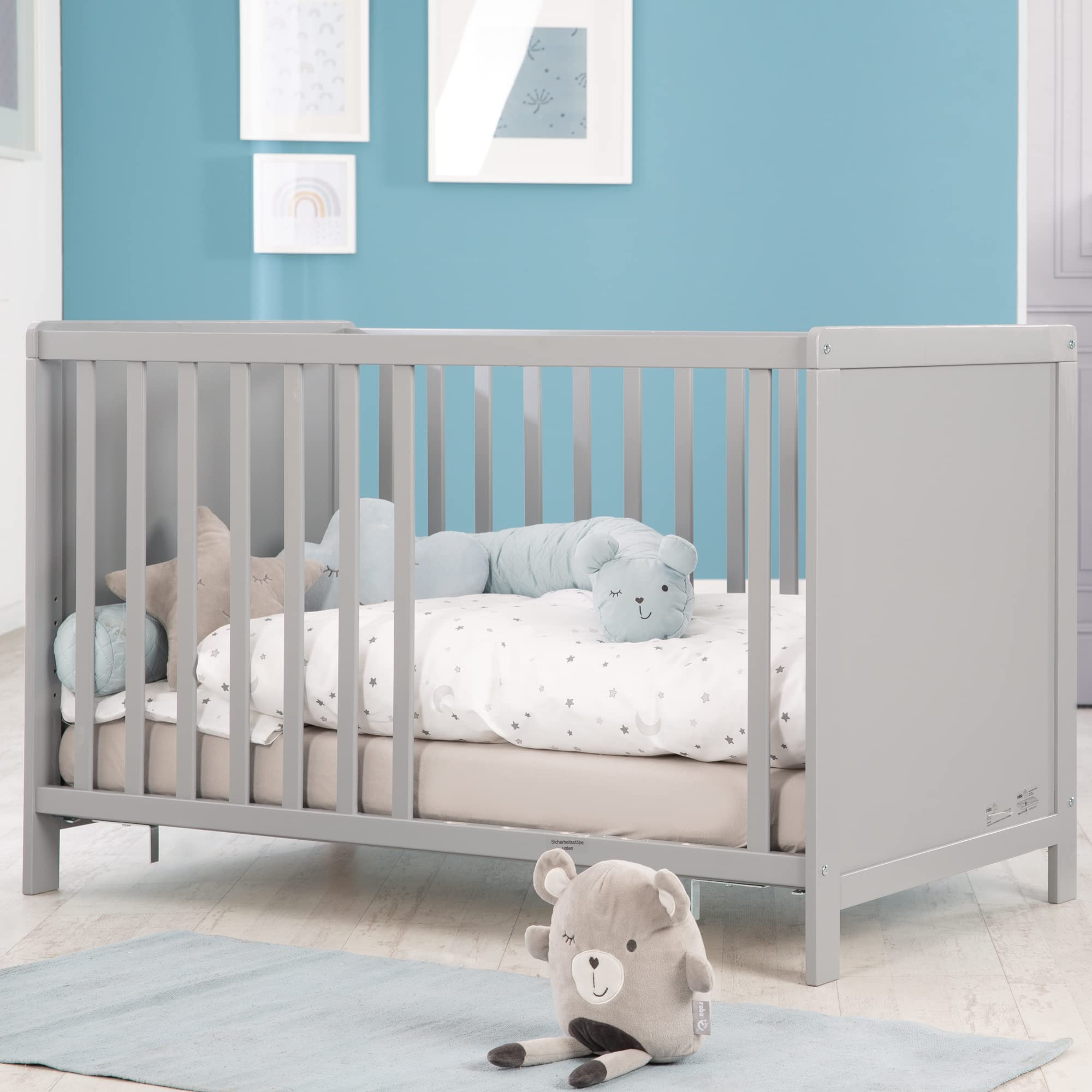 roba 2 in 1 Babybett 60 x 120 cm Gitterbett Beistellbett 6-fach Höhenverstellbar Holz grau taupe
