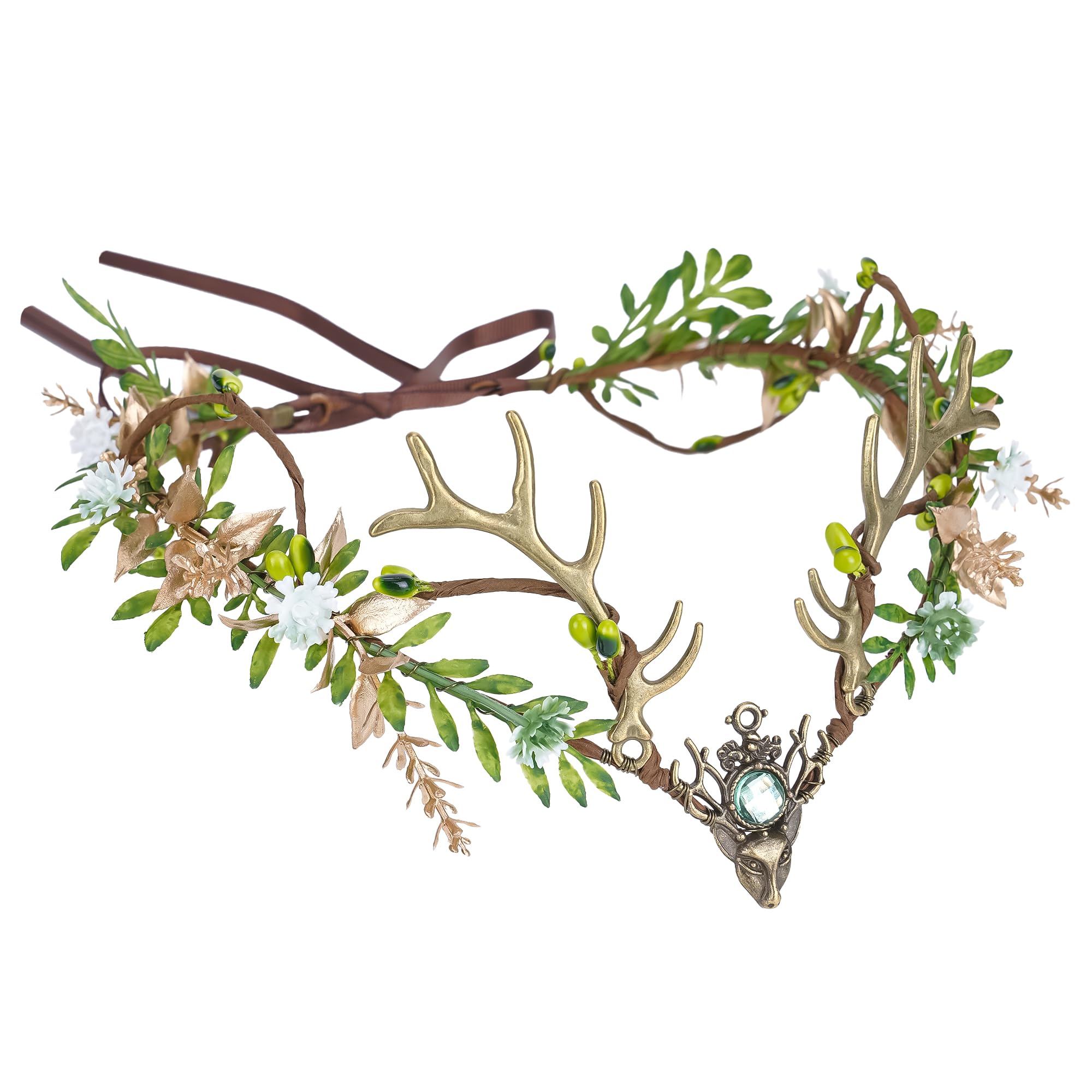 MOSTORY Woodland Fairy Antler Crown for Women Fairy Crown Flower Headpiece for Renaissance Halloween Cosplay