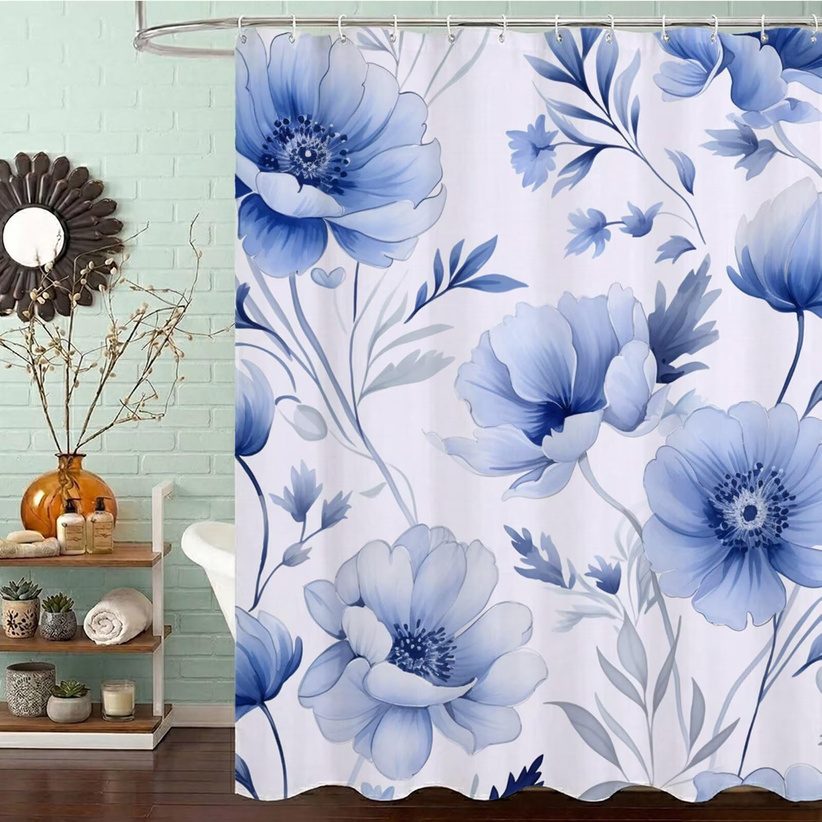 Rideau de douche anti moisissure polyester bleu et blanc 180x210 cm