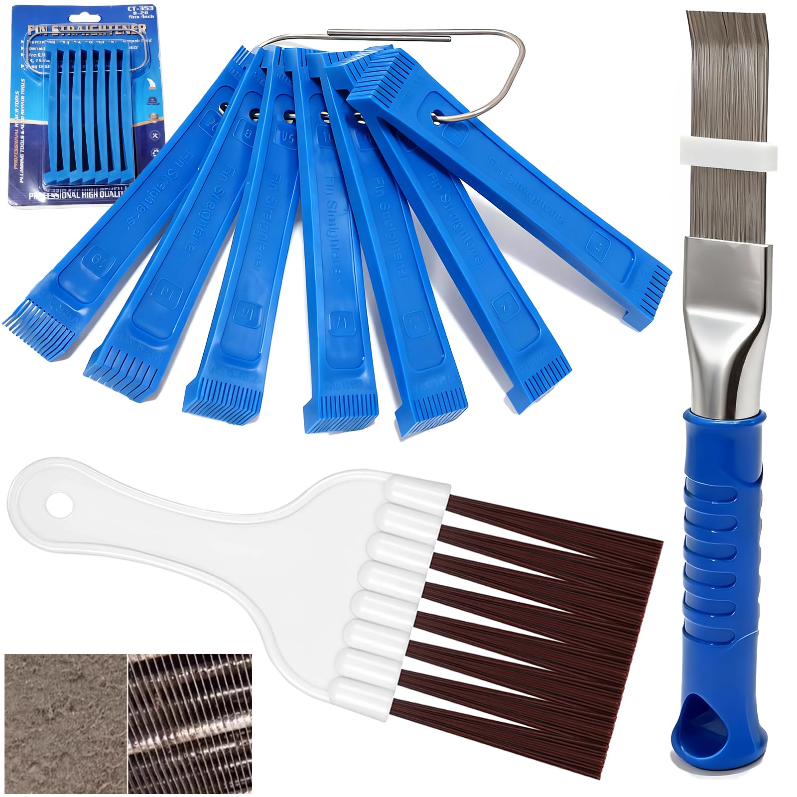 9 Pcs Air Conditioner Fin Comb Kit, Ac Fin Comb Straightener Tool, Radiator Comb,HVAC Coil Cleaning Brush for A/C Unit Condenser Evaporator Repair Clean Tool,Extend Handle Upgrade Size