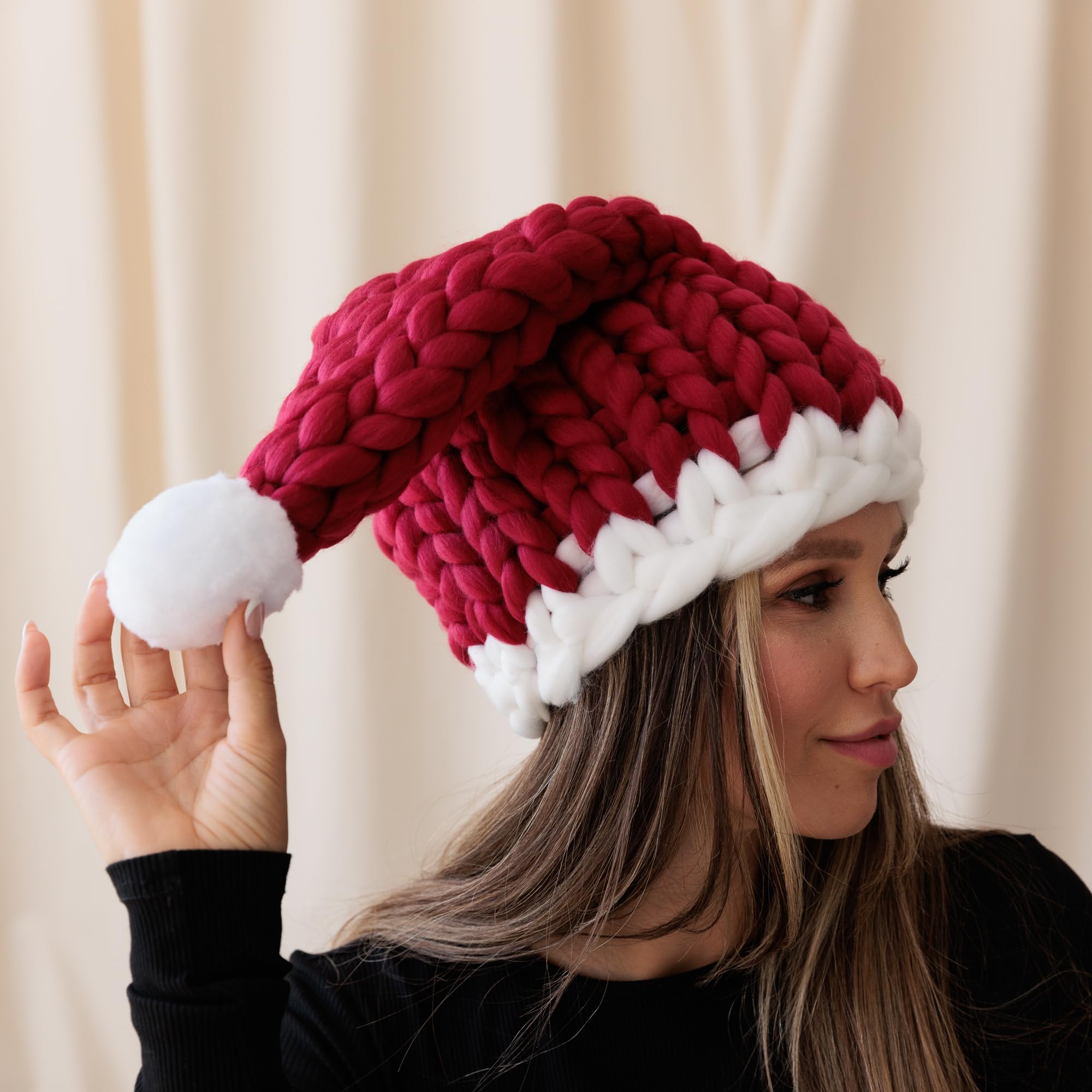 Pinup - Gorro de Papá Noel grueso y único tejido a mano, gorro rojo festivo para fiestas de Navidad, sombrero de Navidad holgado para mujer