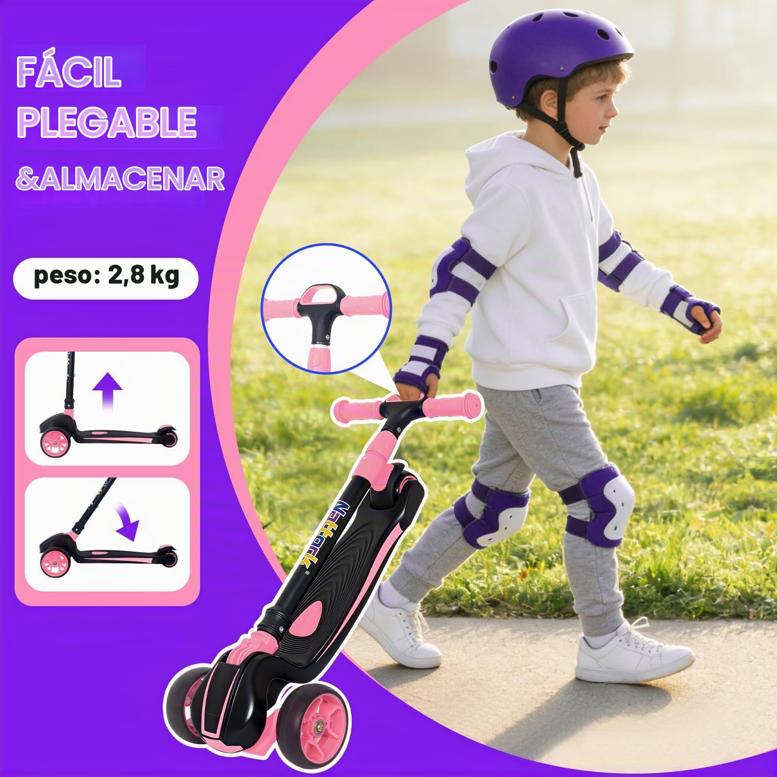 Nattork Roller Niños 3-12 años, Scooter Niños con Luces led, 4 Ajuste de Altura Kinderroller für Jungen Mädchen 3-8 años, hasta 100 kg Kinderscooter