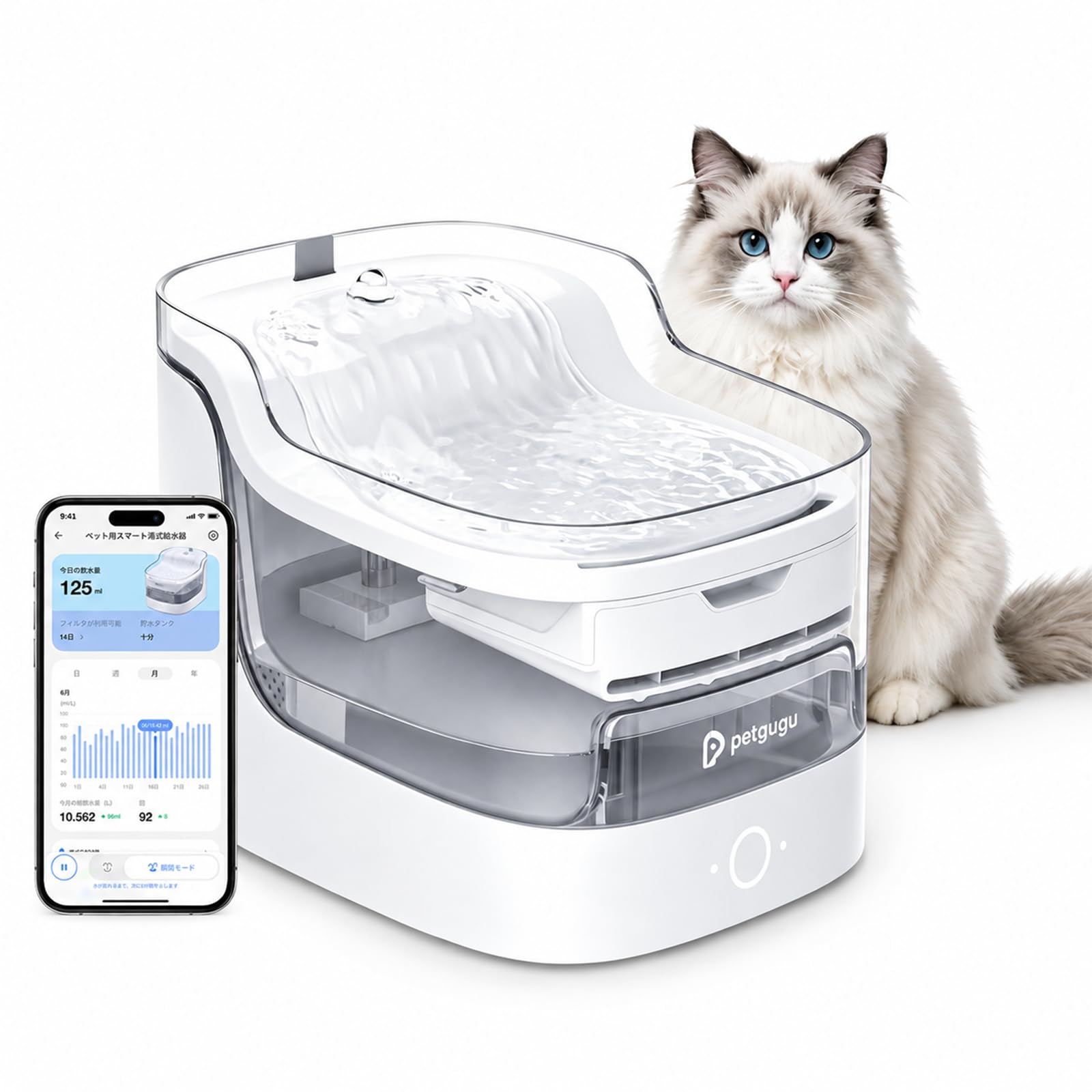 新品未使用 petgugu スマートペット給水器 アプリ連携 8層ろ過 Amazon | PETGUGU 猫 自動給水器 アプリ対応 飲水記録 猫 水飲み器 2L