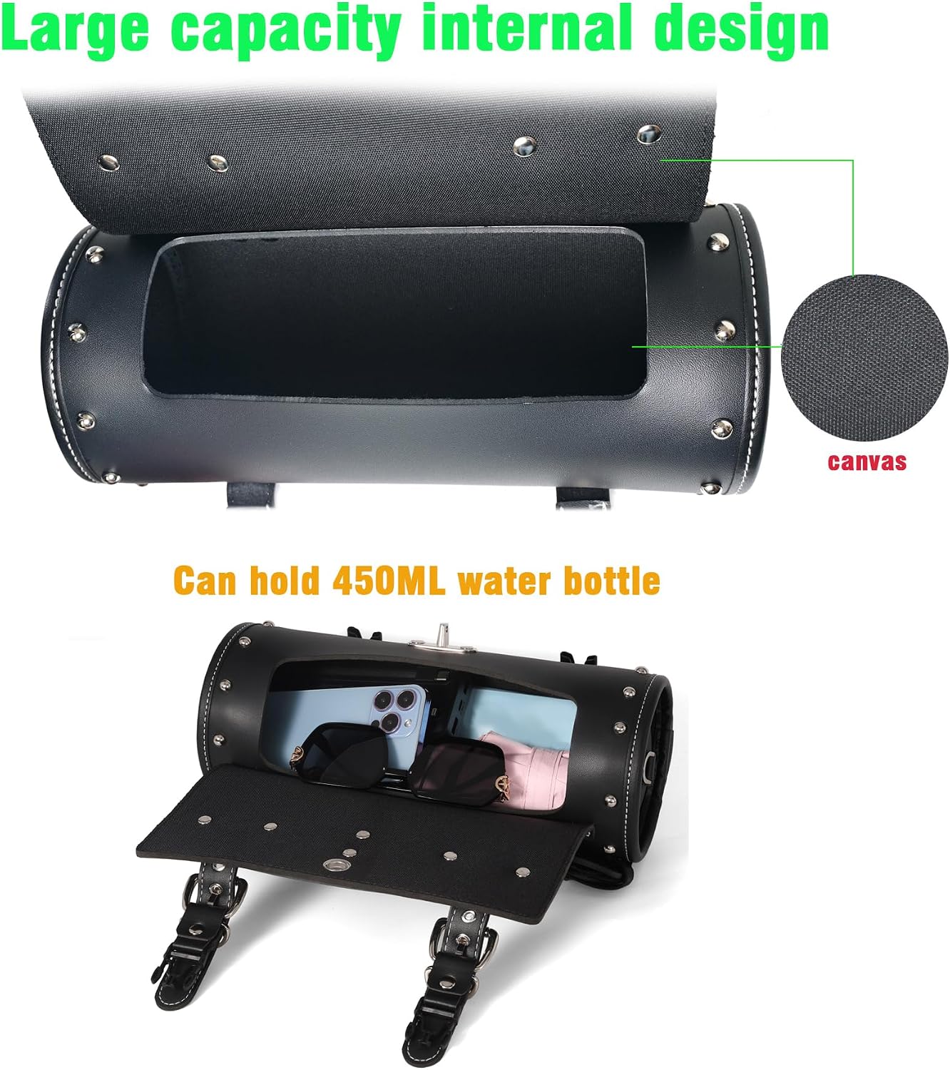 Motorcycle PVC Leather Tool Bag|Universal Fork Bag| Handlebar | Tool |Motorcycle Roll Bag| Saddlebags|Handlebar Bag Sissy Bar Storage ToolBag With 2 Straps|Black