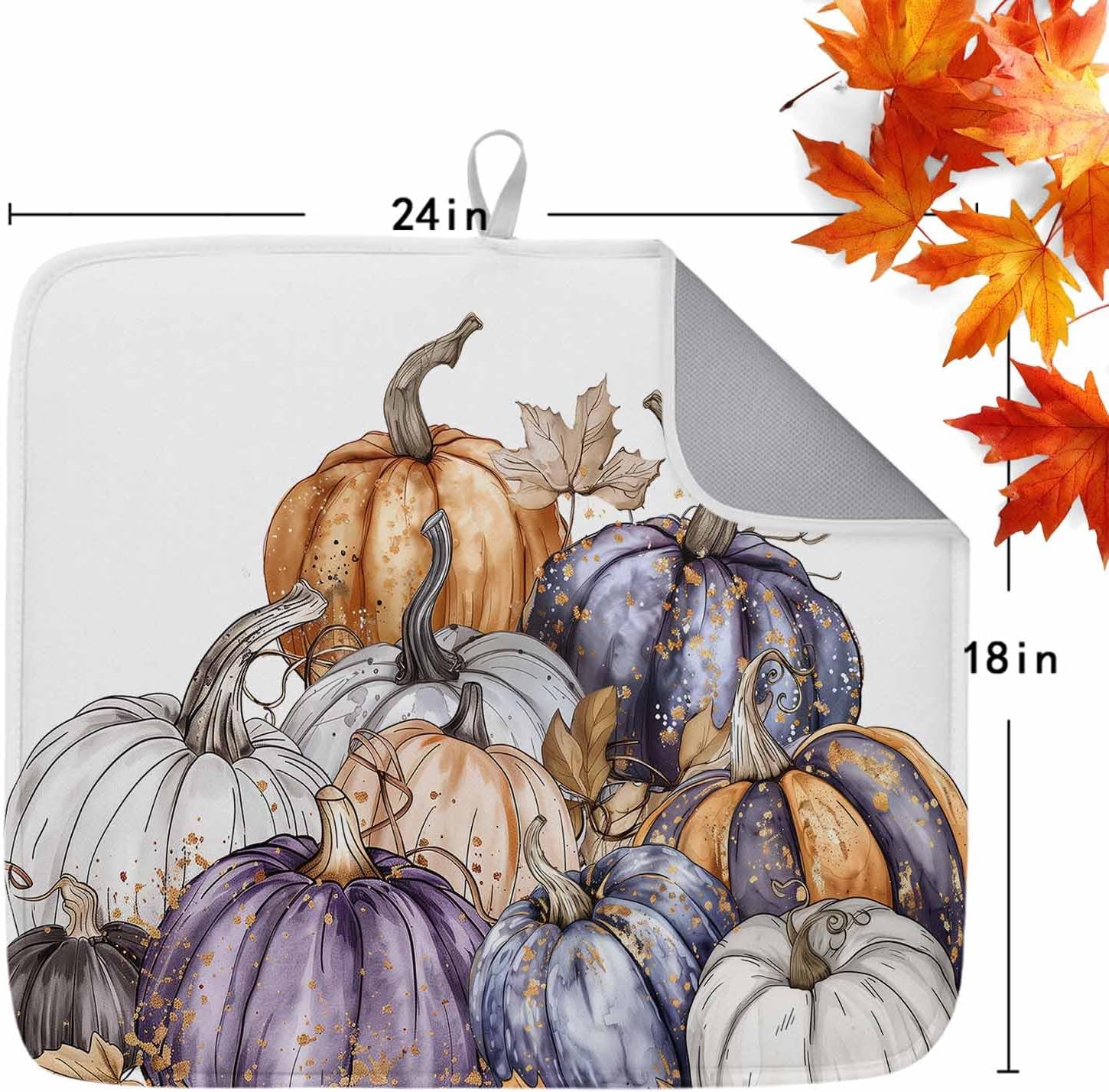 Dish Drying Mat for Kitchen Counter Fall White Brown Purple Pumpkin Highly Absorbent Dish Drainer 18 x 24 Inches Dish Drying Pad for Kitchen Counter, Sink, Draining Racks 2PCS