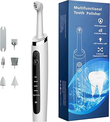 Jeyoe Tooth Polisher Electric Professional,Dental Polisher Tooth with 5 Replacement Heads & Cleaning Modes, USB Rechargeable, IPX6 Waterproof,Tooth Polisher for Adults & Kids White