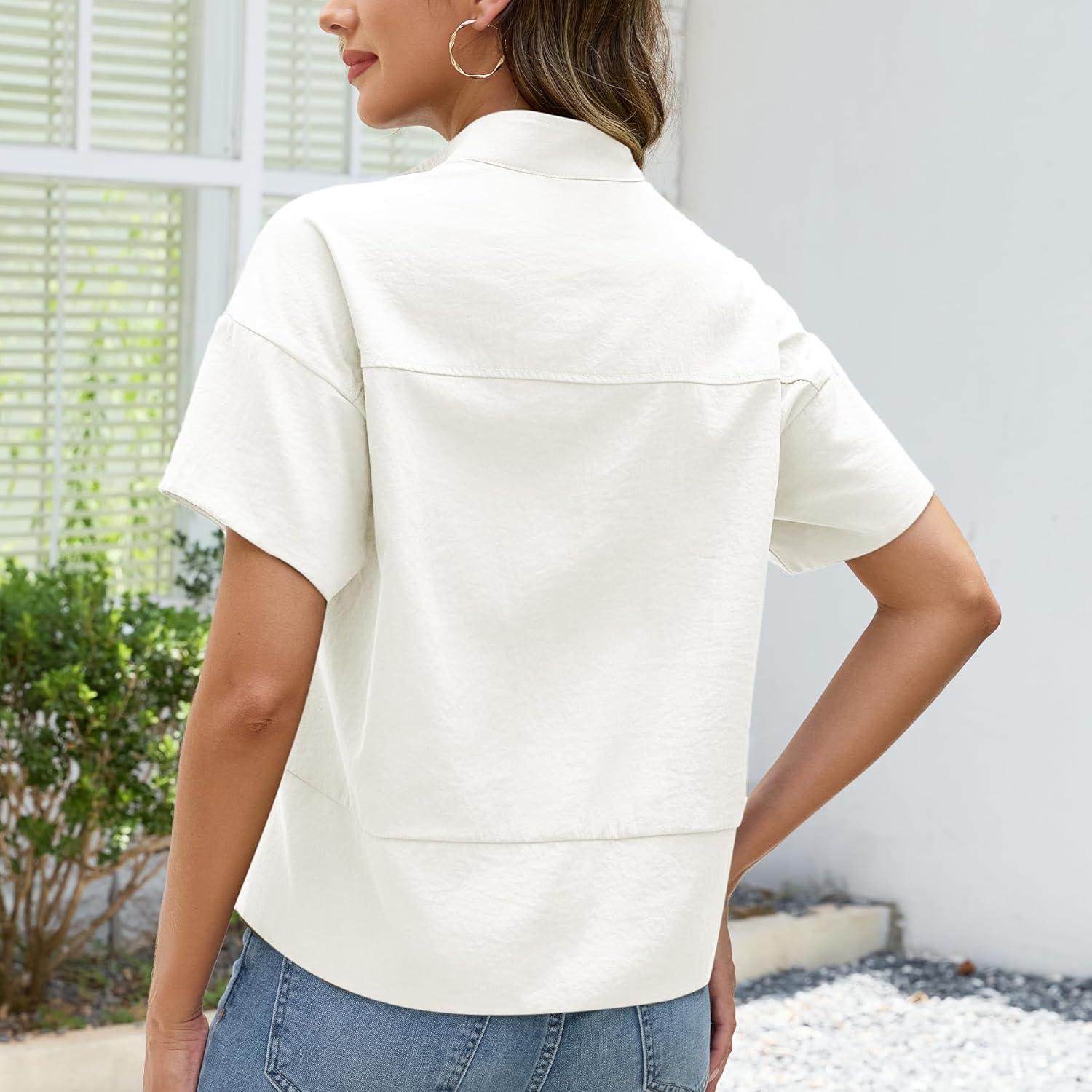 Ainangua Women Casual Button Down Shirts Oversized Short Sleeve Stand Collar Tops Trendy Work Blouses Summer Travel Outfits - Image 5