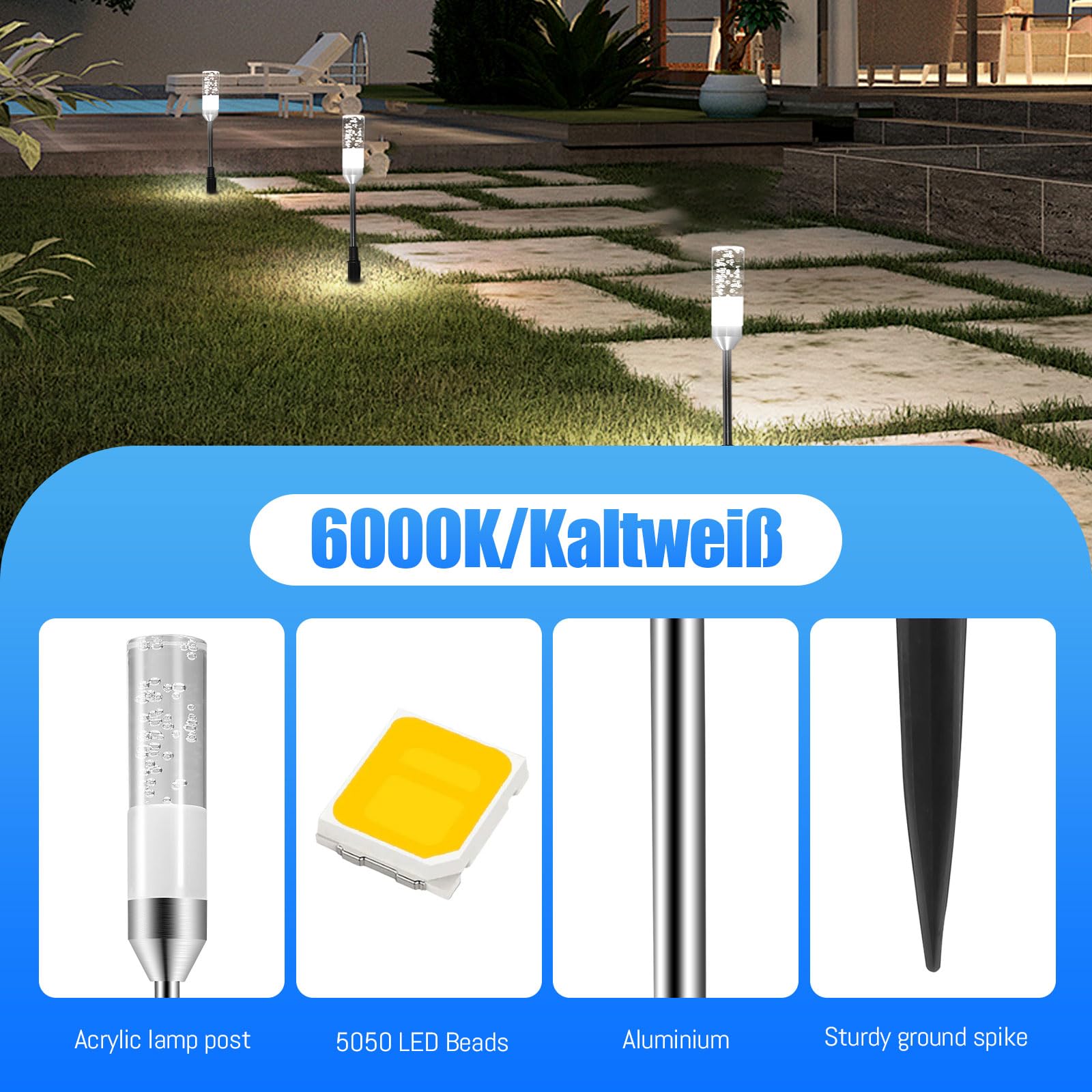 Focos Exterior LED B-right 6Pcs Luces LED Exterior Jardín, Iluminacion Jardín con Estaca, Luz Exterior Jardin, IP65 Impermeable Camino de Luces para Jardín para Césped Patio Entrada, Blanco frío
