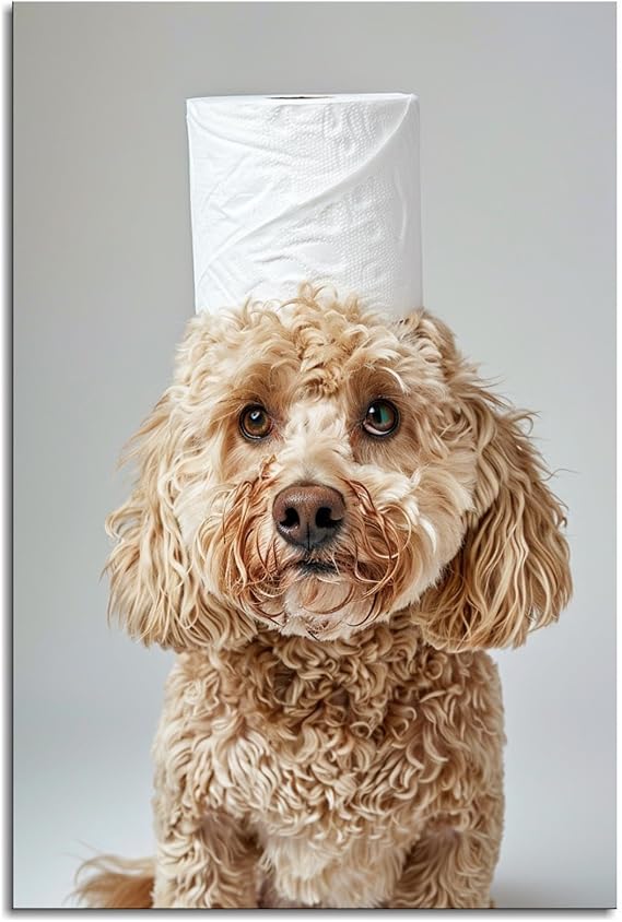 Funny Animal Series Wall Art Dog On Top Of A Roll Of Paper