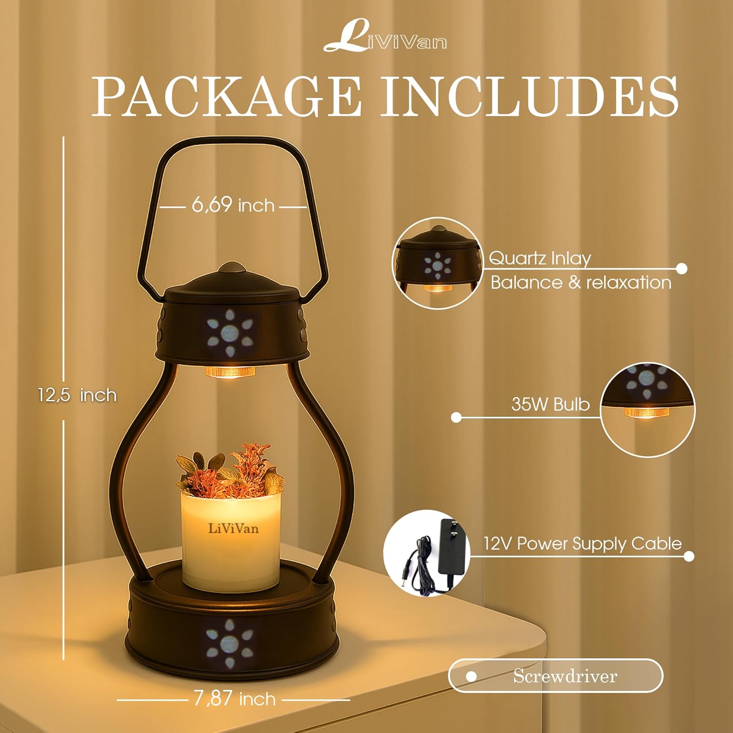 Handmade Candle Warmer Lamp with Quartz Stone Inlay, Top Flameless Melter, Small Timer Candle Lamp Warmer, Fits All Jar Candles, Vintage Room Decor, Improve Sleep Quality, Unique Gift - A06