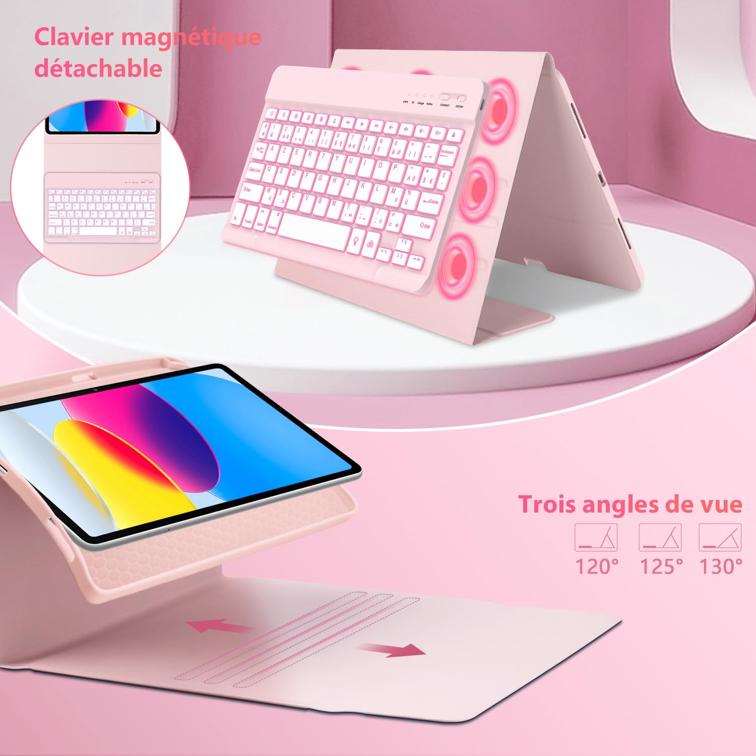 aMZCaSE pour iPad A16 10/11e génération avec Clavier 11/10,9 Pouces(2025/2022),Clavier sans Fil Amovible avec rétroéclairage 7 Couleurs et Support pour Stylet (Rose Clair) | Clavier sans Fil Amovible avec rétroéclairage 7 Couleurs et Support pour Stylet a