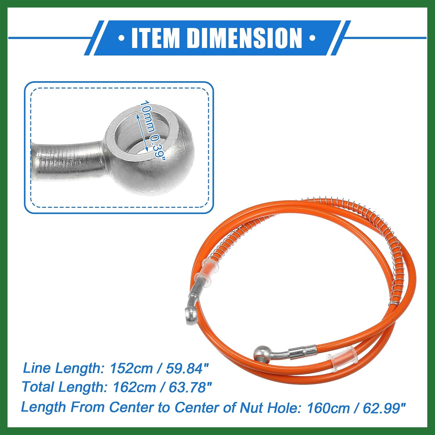 Motoforti Hydraulic Brake Hose Line Pipeline, 160cm 62.99" 10mm 0.39" Braided Oil Pipe W/Tube Nut Universal for Motorcycle ATV Go Kart Durable Stainless Steel Orange W/Spring Long-lasting