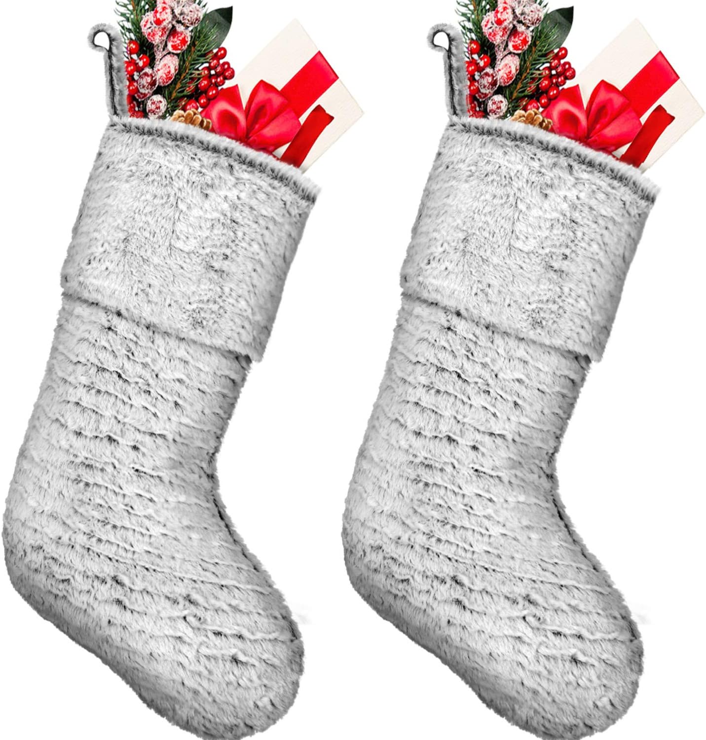 2 Pieces Christmas Stocking Faux Fur Stocking Snowflake Stocking Fireplace Hanging Stocking Christmas Stocking Gift Bags for Xmas Family Party Decoration (Gray)