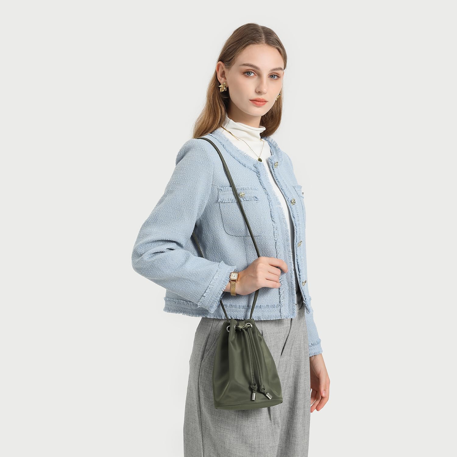 Black Drawstring Crossbody Bag Nylon Fabric Large Capacity Organizer Bag with Gold Tone Hardware | Nylon Fabric, Organizer Bag, Gold Tone Hardware - Image 2