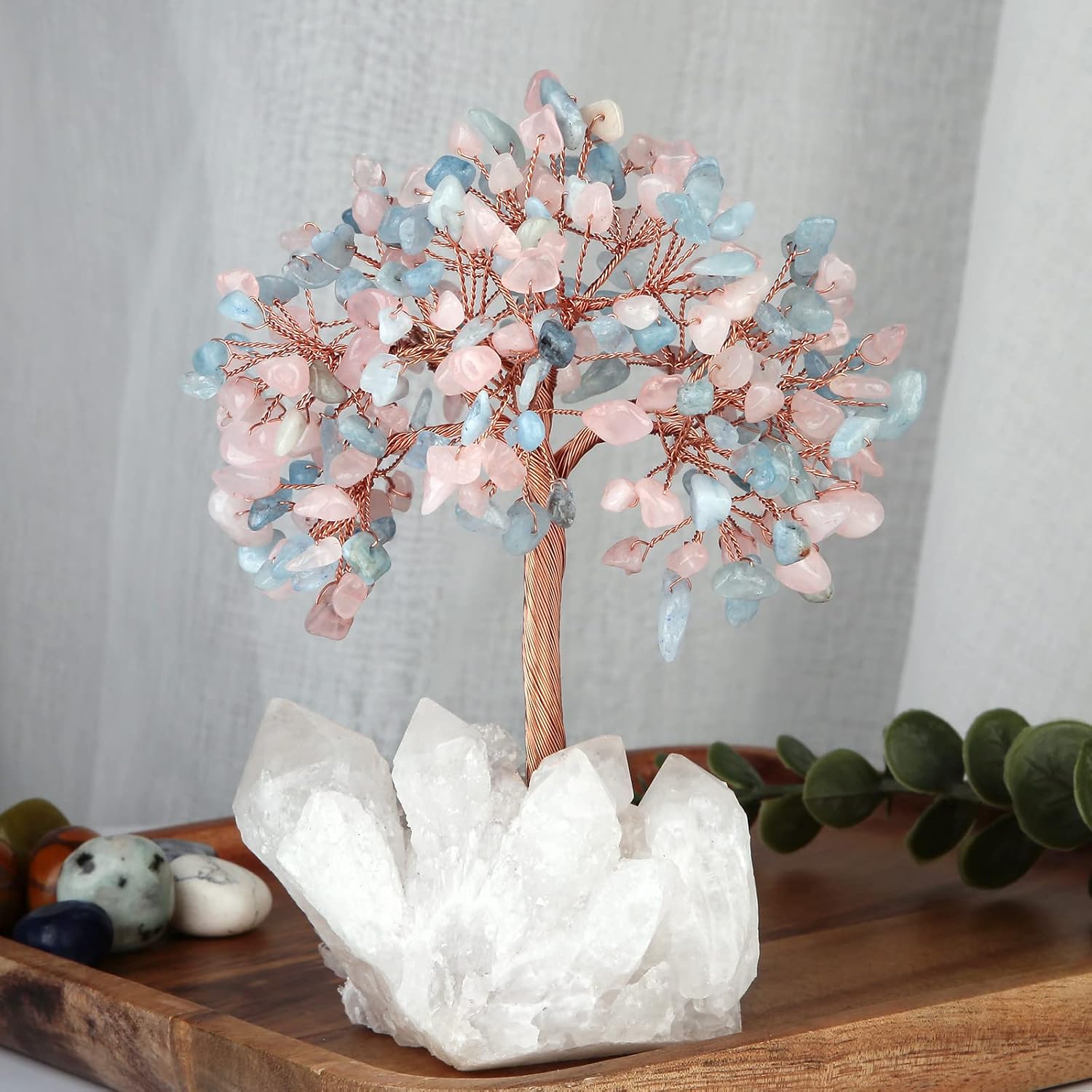 Nupuyai Aquamarine & Rose Quartz Crystal Money Tree with Rock Crystal Cluster Base - Image 4
