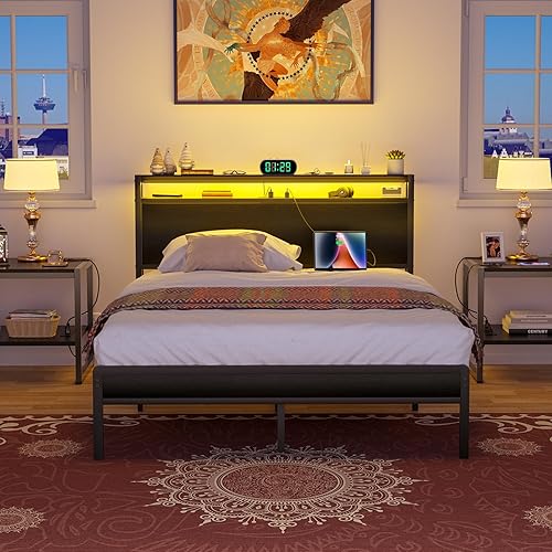 Miniatura 8 de Homieasy Base de cama de tamaño matrimonial con estación de carga y luces LED, plataforma de metal industrial con cabecera de almacenamiento,