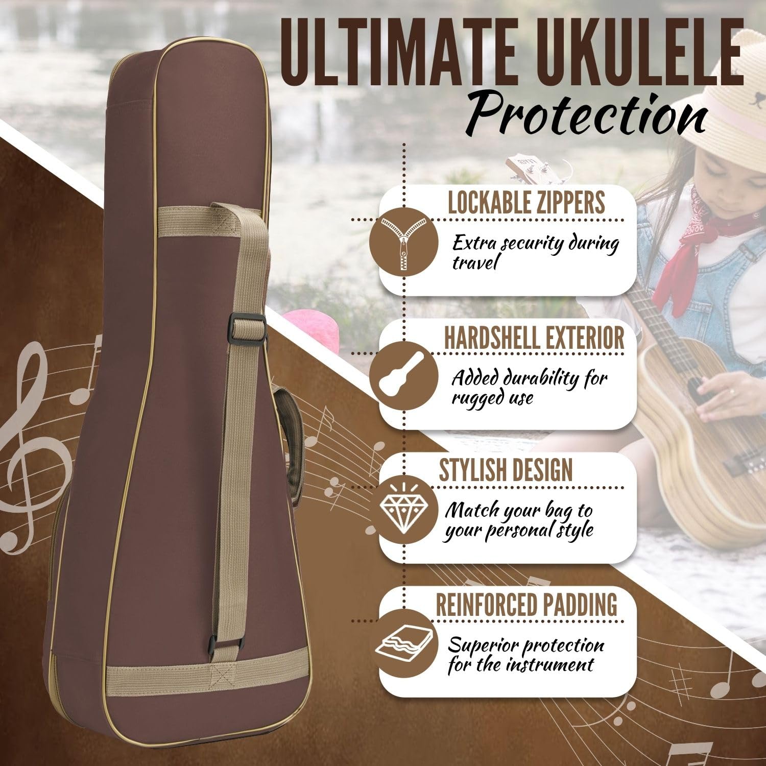 Flexzion Custodia per ukulele, 58 cm, zaino tenore, custodia morbida, impermeabile, con maniglia per il trasporto, tasca e tracolla regolabile, marrone
