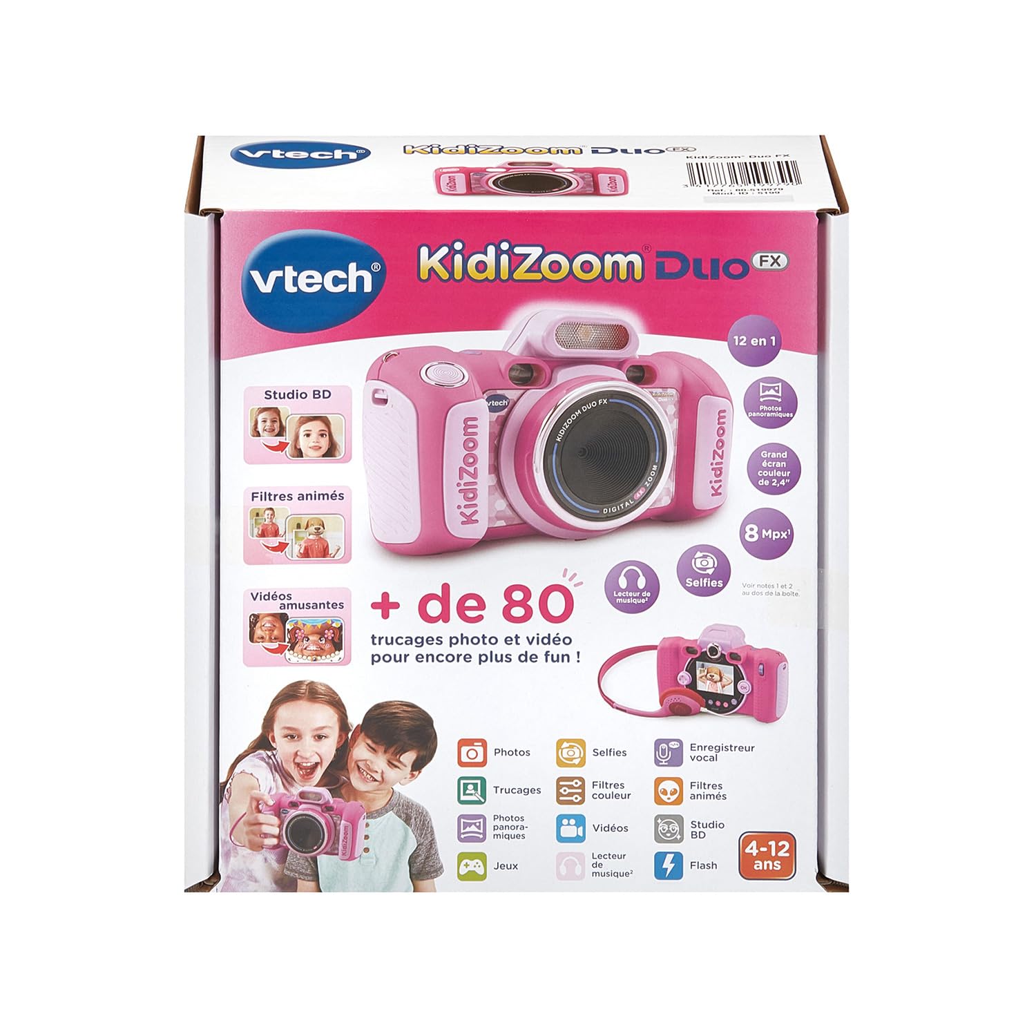 VTech - KidiZoom Duo FX Rose, Appareil Photo Numérique Enfant, Photo, Selfie, Vidéo, Écran Couleur, Studio BD, Filtres et Effets Rigolos, Cadeau Enfant de 4 Ans à 12 Ans - Contenu en Français