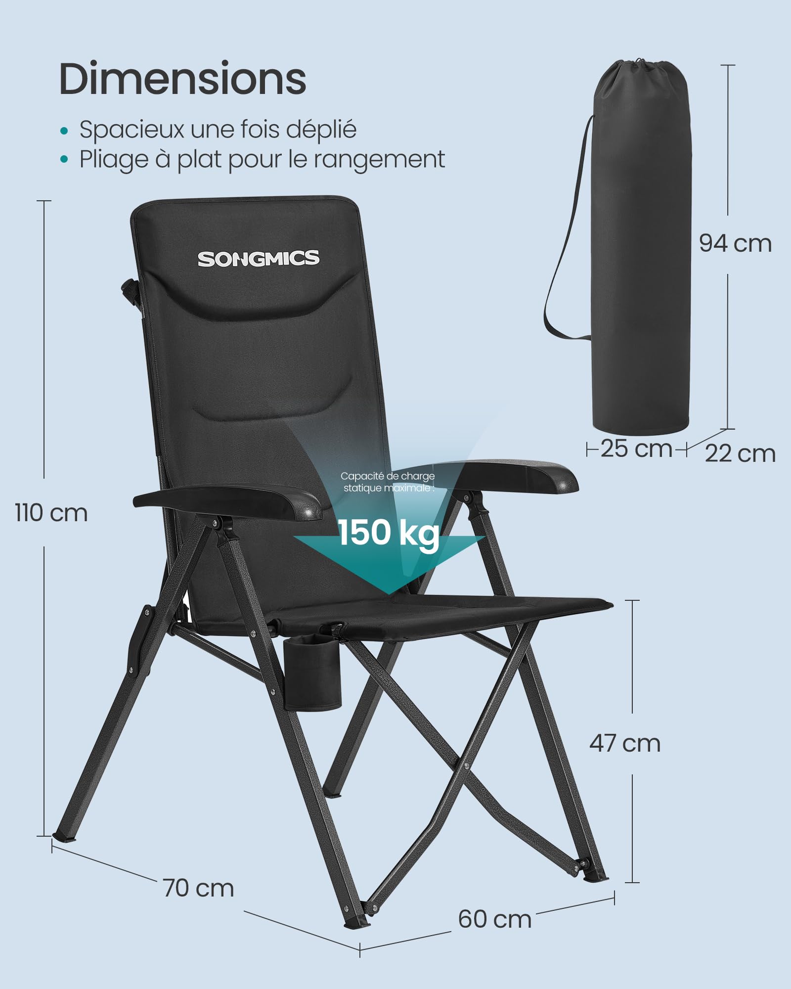 SONGMICS Chaise Pliante Camping, Dossier Inclinable 95°–150°, Fauteuil Camping, Dossier Haut Réglable, Porte‑Gobelet Pivotant, Sac de Transport avec Sangle, pour Jardin, Pêche, Noir GCB015BZ01