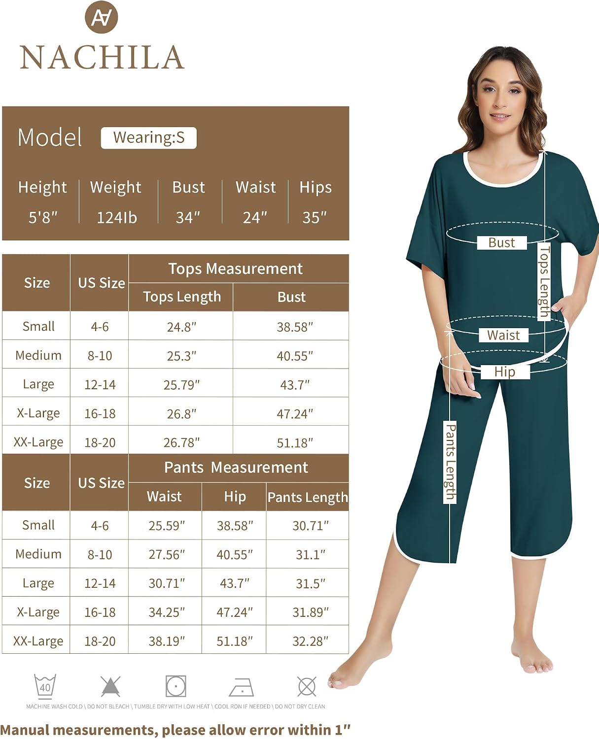 NACHILA Women's Pajama Set - Viscose Bamboo Short Sleeve Top & Capri Pants With Pockets - View #3