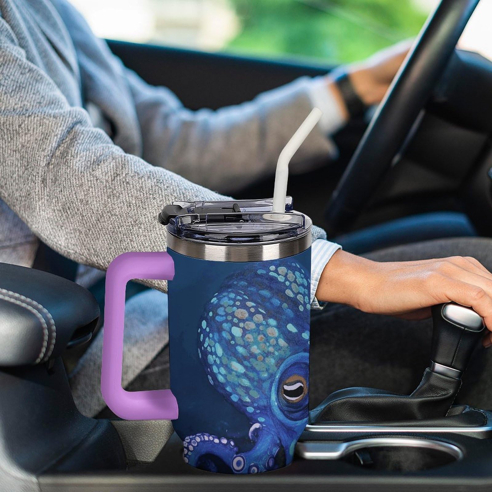 Autobecher aus 304 Edelstahl, 1,2 l, blauer Oktopus-Becher mit Strohhalm und auslaufsicherem Deckel, großes Fassungsvermögen, vakuumisolierter Reisebecher für Auto-Becherhalter
