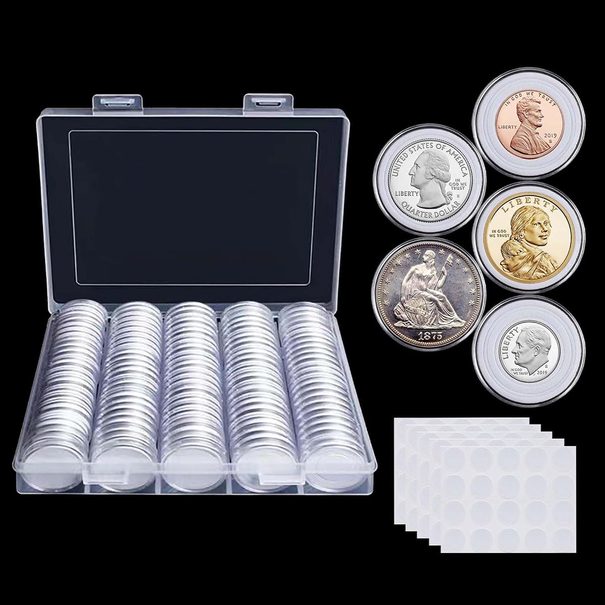 100 Piezas Cápsulas de Monedas de 30 mm Portamonedas para Coleccionistas, con Junta de Espuma y Caja Organizadora de Almacenamiento de Plástico, Caja de Monedas de 5 Tamaños (17/20/25/27/30 mm) para Suministros de Colección de Monedas