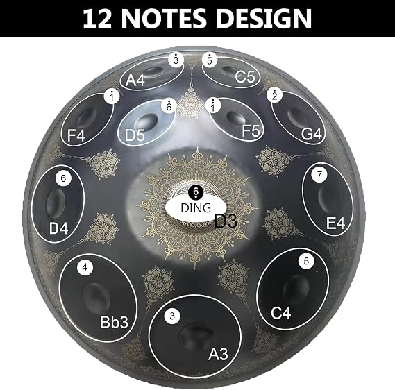 12 Notes 22 Inch Handpan, D-Minor 432 Hz Steel Drum Percussion Instrument, Mandala Musical Performance Handmade Healing Musical Instrument Gift Black