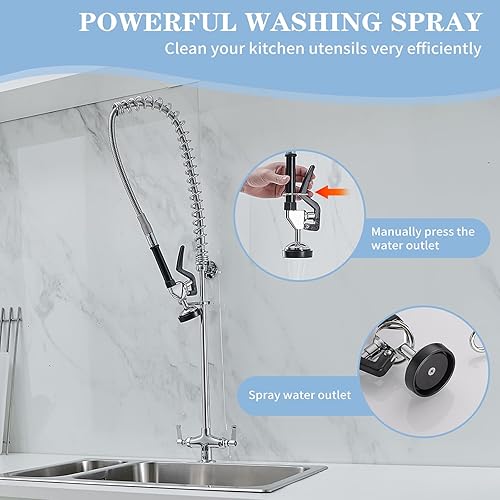 Miniatura 3 de Grifo de fregadero comercial con rociador de 39 pulgadas de altura, montaje en cubierta, un solo agujero, doble mango, resorte en espiral, rociador,