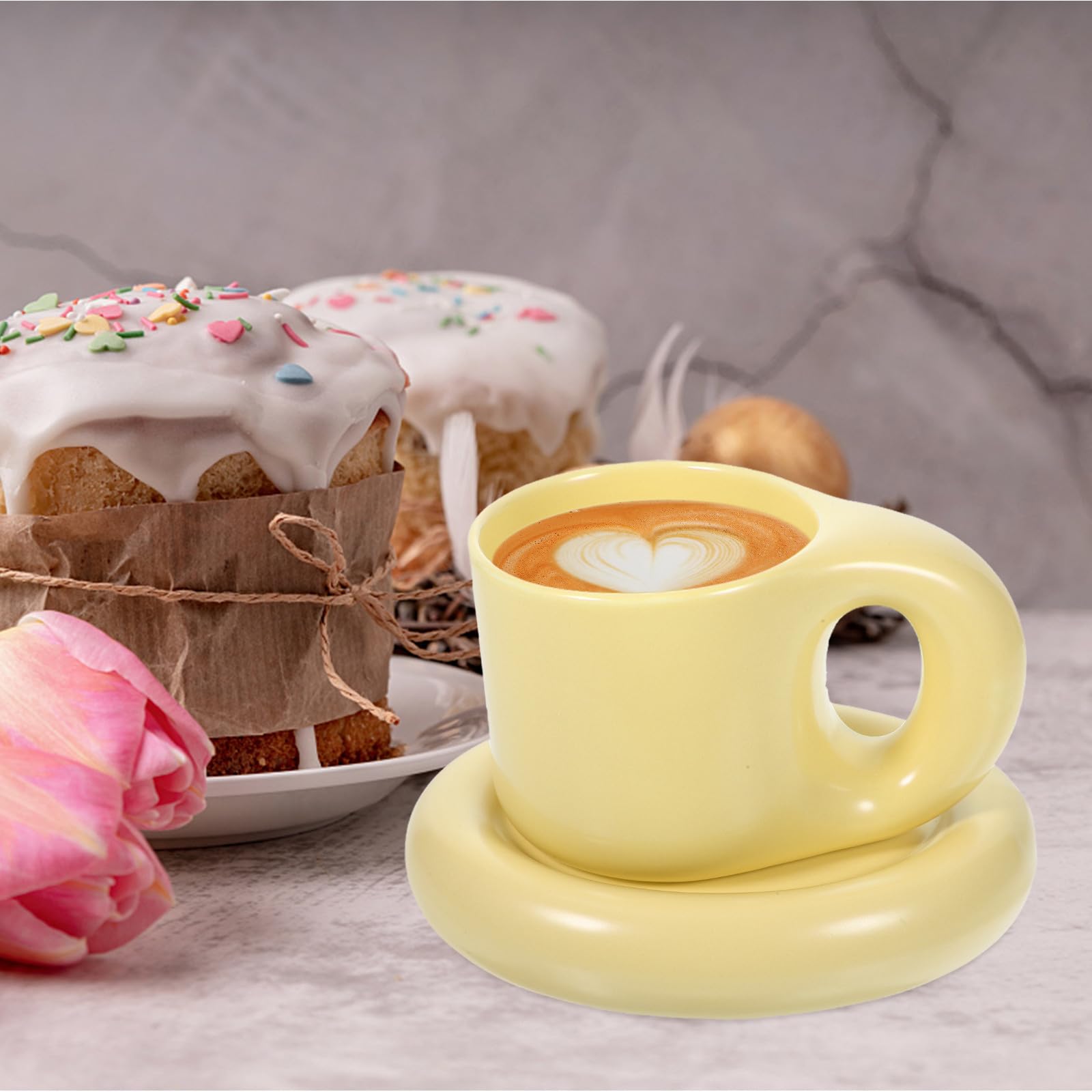 300ml Keramik Kaffeebecher mit Untertasse Niedliche Tasse Gelb Glatt und Grate für Büro und Zuhause Stilvolles Nordisches Design
