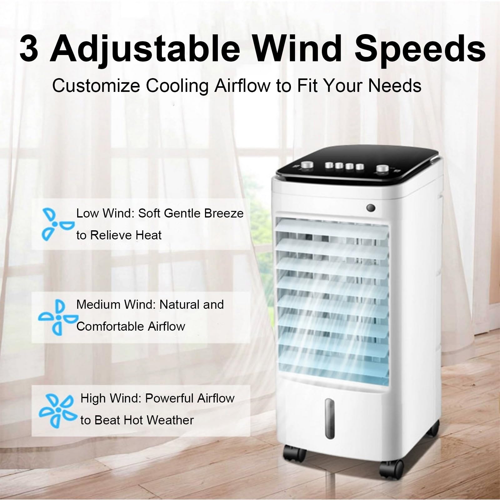 Climatizador Evaporativo de 60 Cm con Depósito de Agua 7 L, Climatizador Portatil 3 Velocidades, 4 Ruedas Giratorias para Hogar Oficina