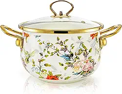 SOUJOY Panela de cozinha esmaltada de 2,8 litros com tampa, panela de sopa vintage, panela de cozimento de feijão ensopado floral com alça para cozinha, segura para fogões de indução, fogão a gás