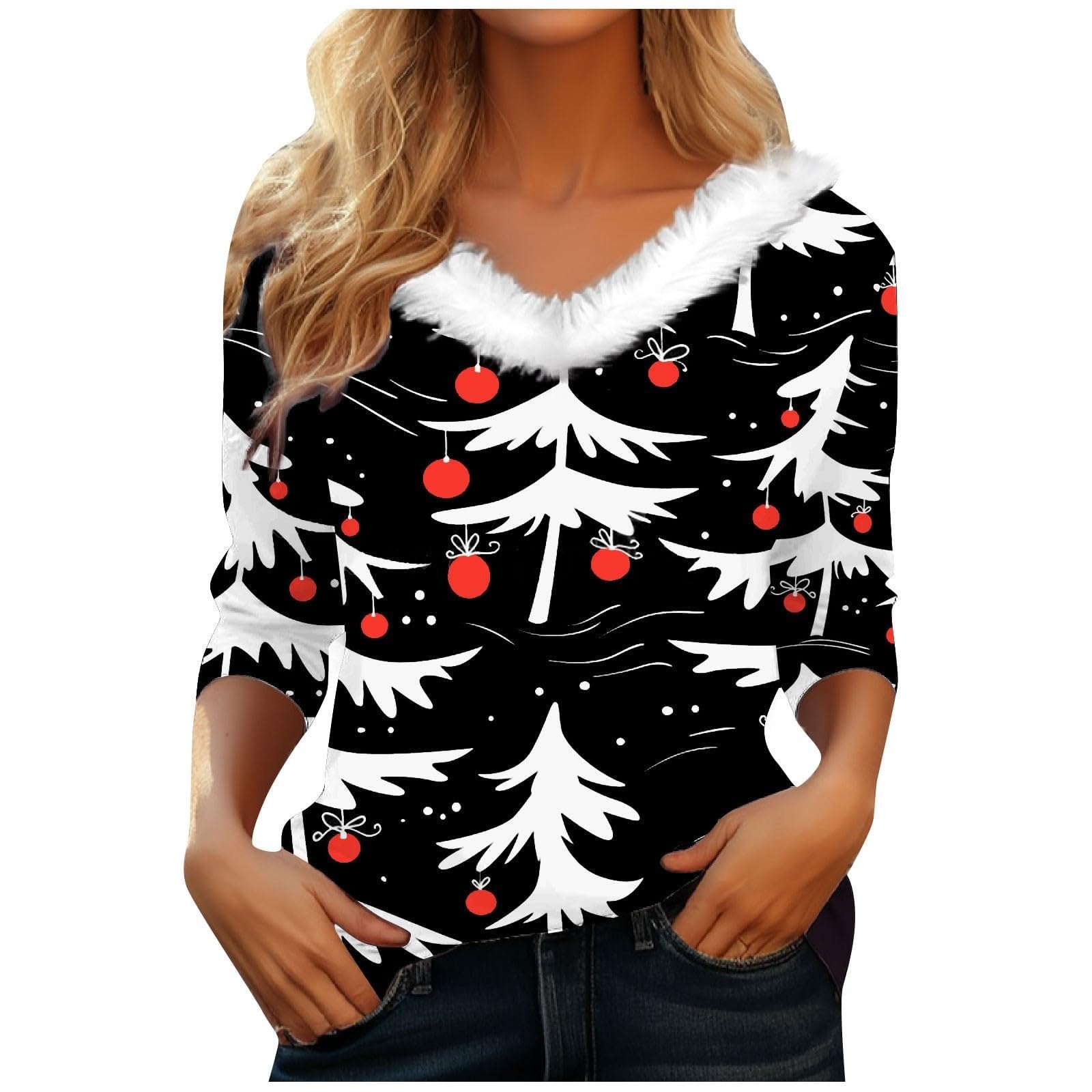 Christmas Sweatshirts for Women Furry Fur Trim Collar Snowflake Ugly Christmas V Neck Pullover Funny Xmas Sweater