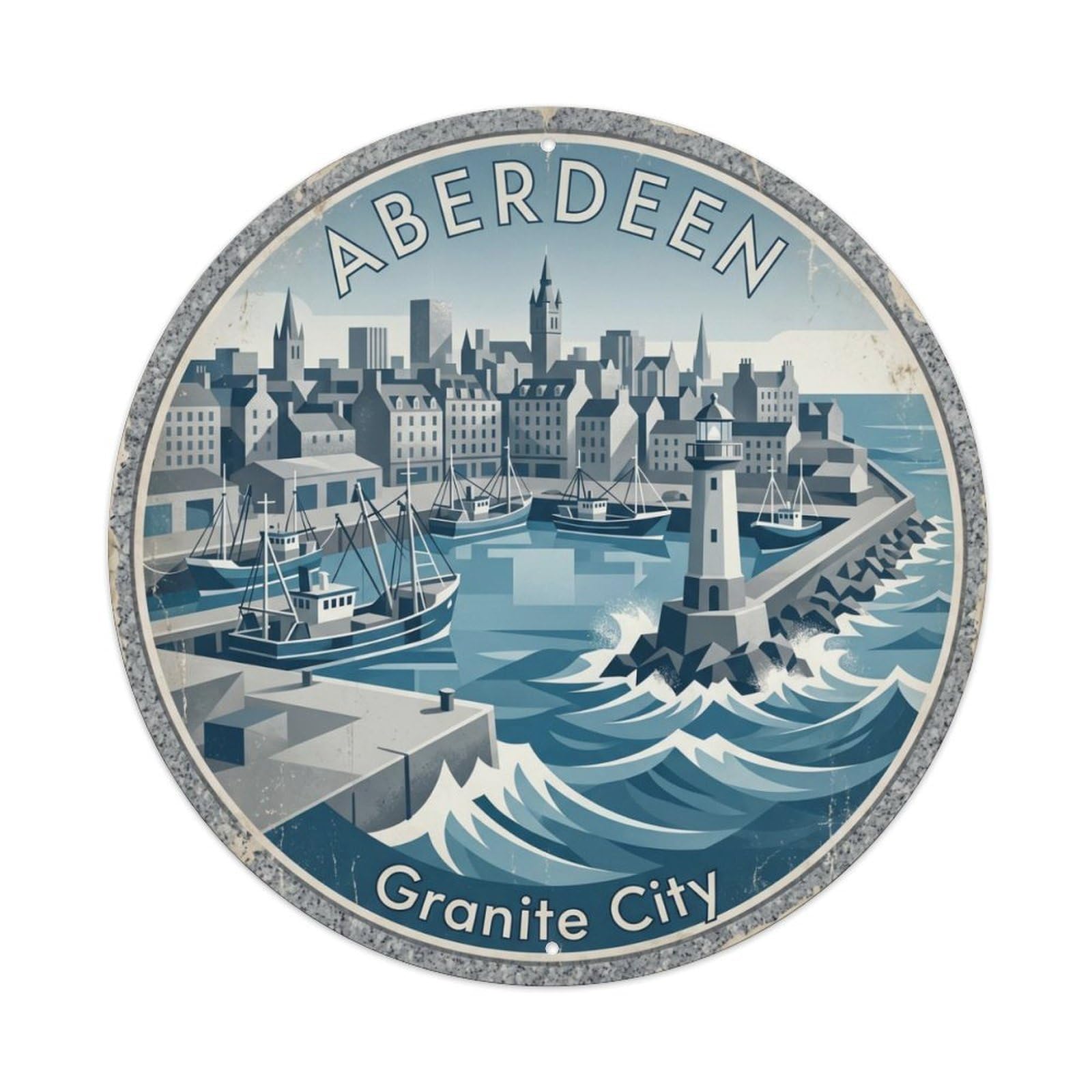 Fqcyn Style Vintage Travel Aberdeen Harbour Granite Metal Tin Sign Plaque Wall Decor For Cafe, Club Bar, Office, Home Garden Round Metal Poster 8X8inch