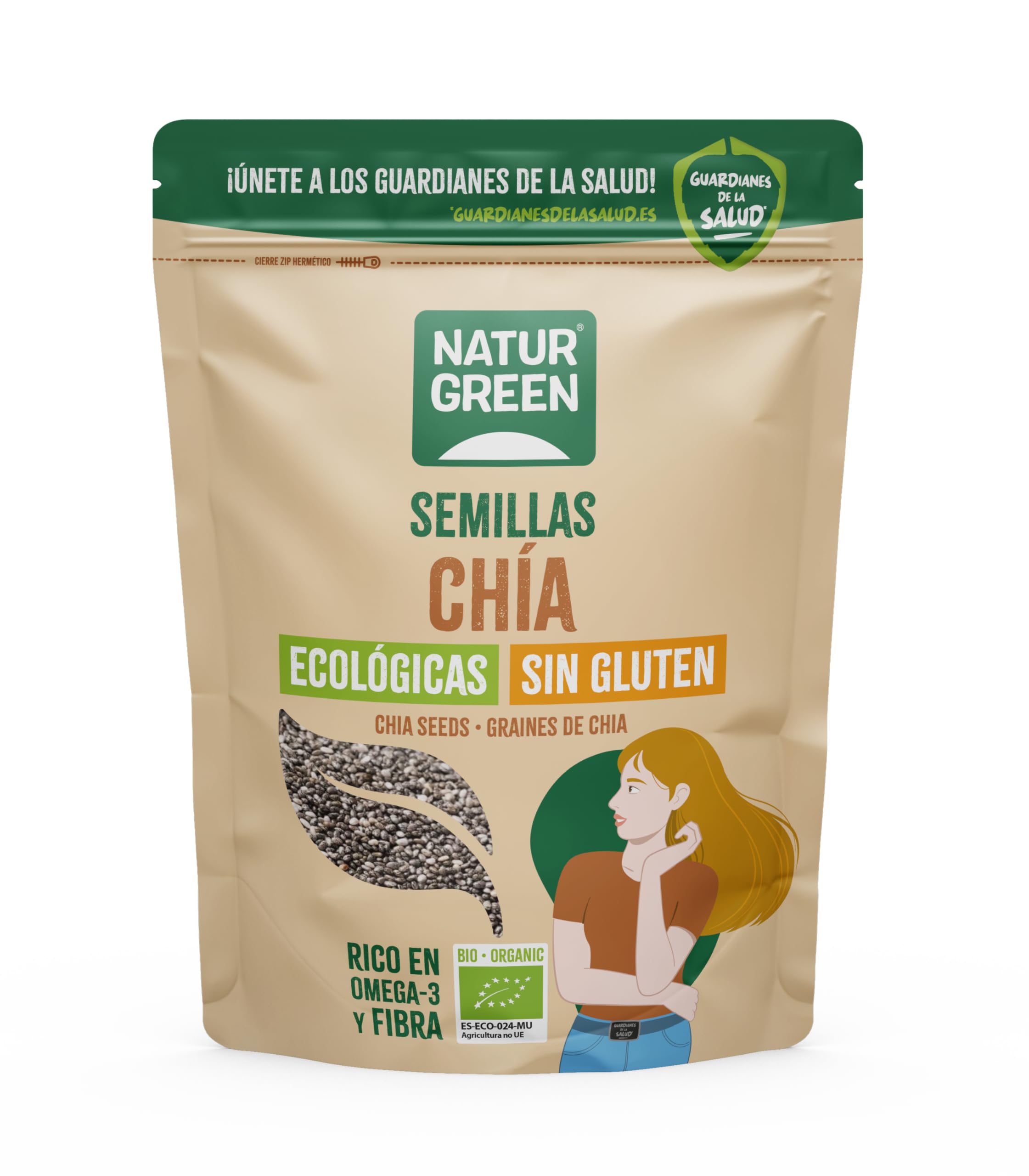 NaturGreen - Semillas Chía, Chía Ecológia, Ricas en Fibra y Ácidos Grasos Saludables, Omega 3, Natural, Sin Gluten - 500g