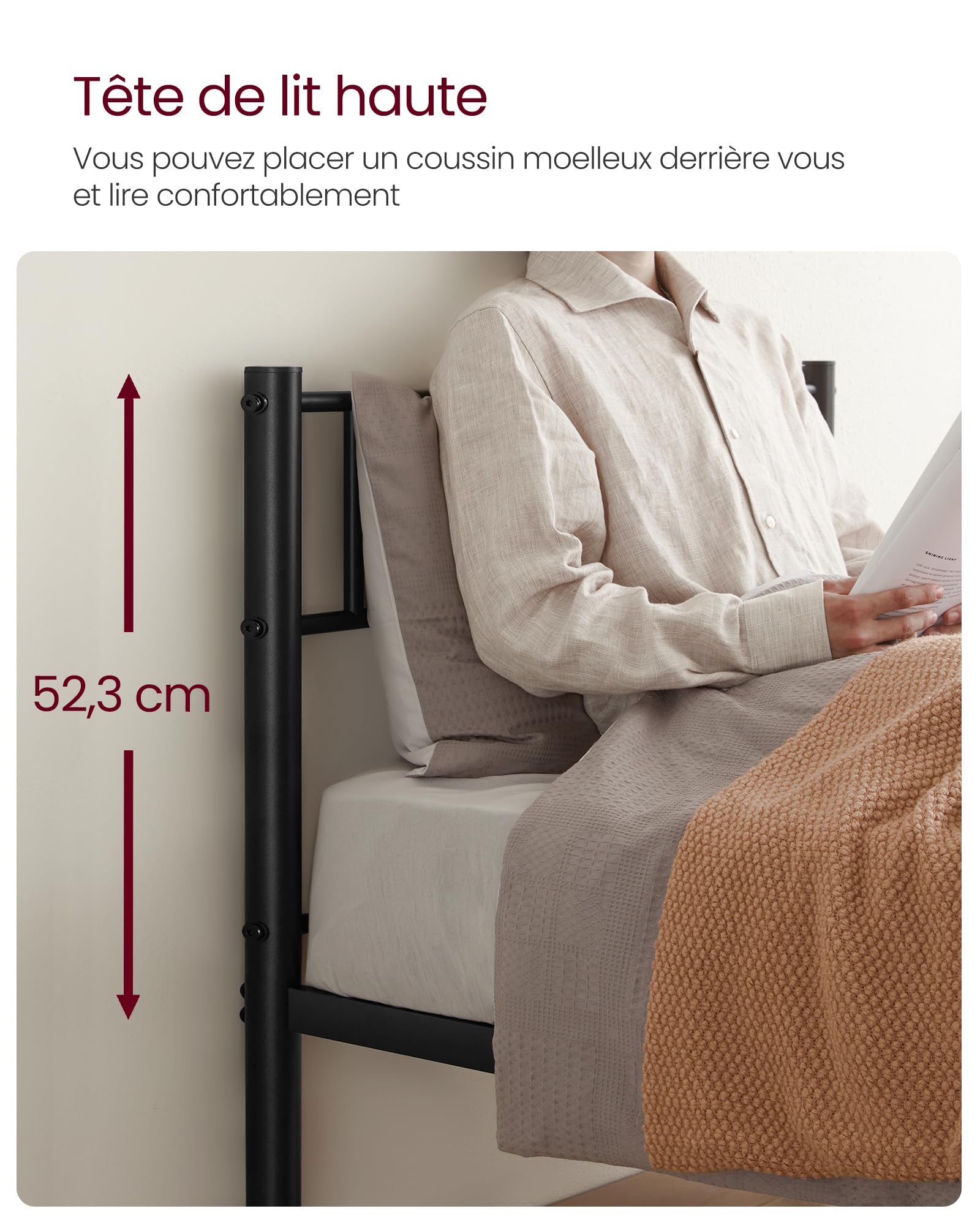 VASAGLE Cadre de Lit 90 x 190 avec Sommier Métal, Lit 1 Personne, en Métal, Montage Facile, pour Petits Espaces, Chambre d’Amis, Chambre Ado, Noir d'encre RMB061B01