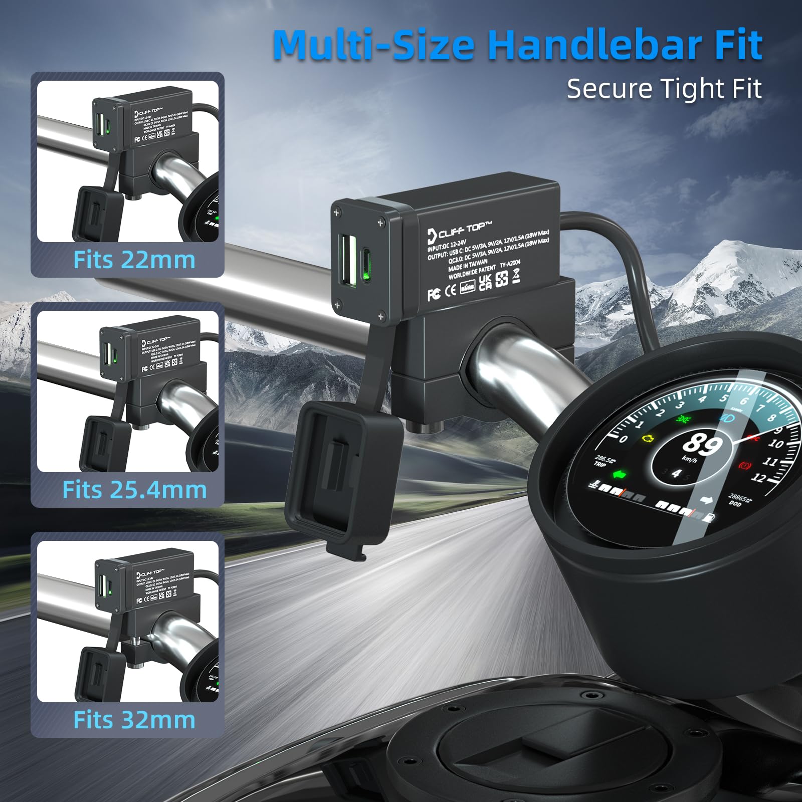 Cliff Top Chargeur USB de moto en aluminium 36W PD USB-C et QC 3.0 avec interrupteur d'alimentation magnétique et étanche pour guidons 7/8 '', 1'', 1 1/4 " - Empêche la décharge de la batterie.