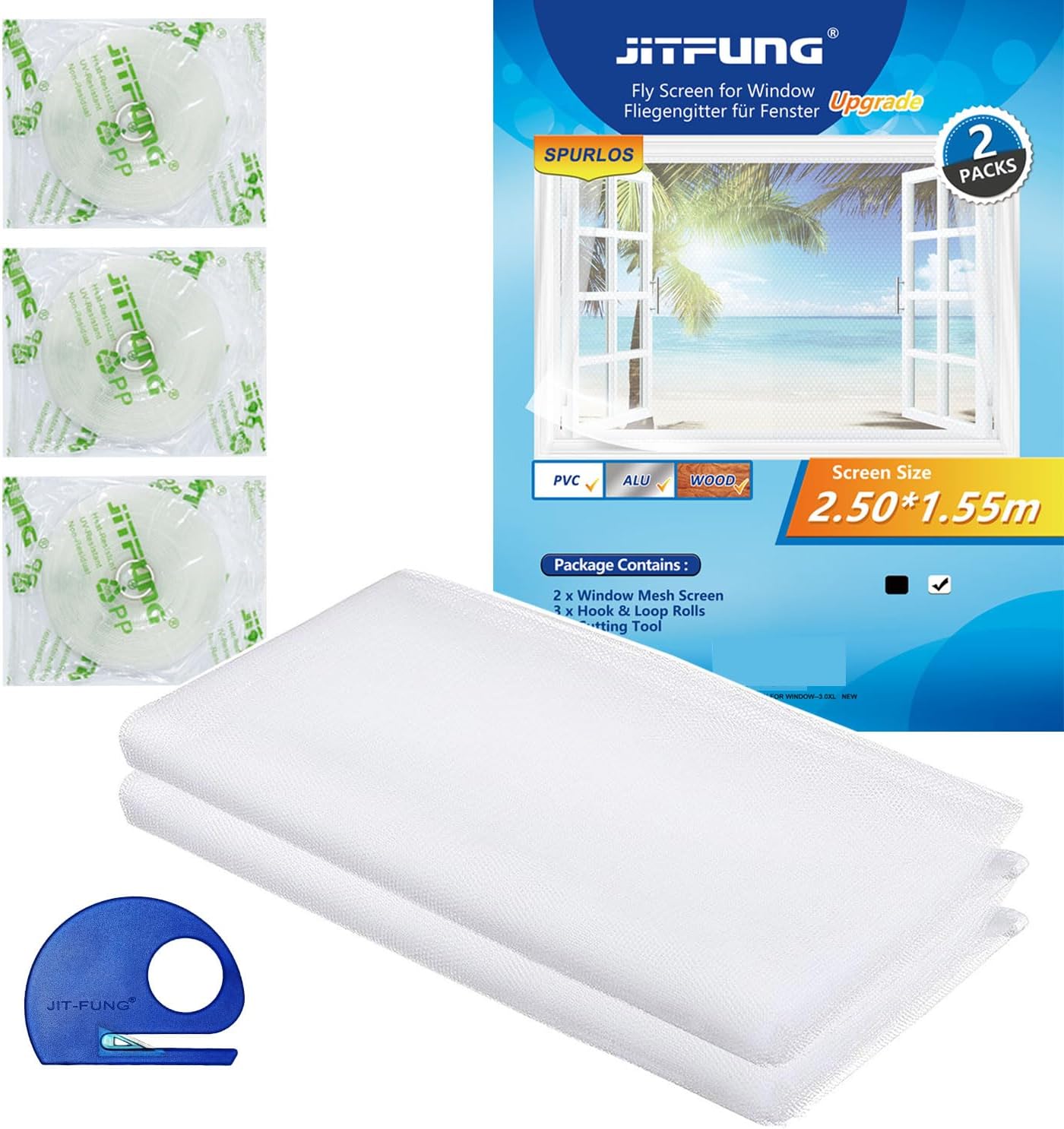 DIY Fly Screen for Windows, 2 Pieces of Mosquito Net Insect Mesh with Cutter, 98x61 inches, with 3 Rolls Self-Adhesive Hook Tapes, White (Honeycomb, Set of 2)